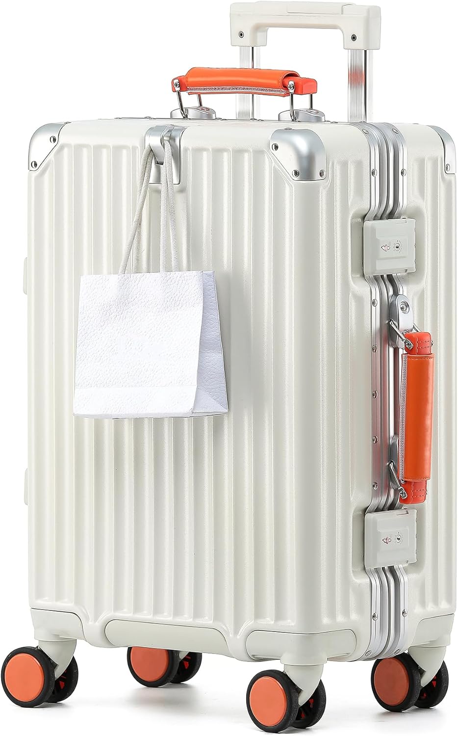 HotWay 24 Inch Hardside Checked Luggage with Leather Handle, PC Zipperless Suitcase with Spinner Wheels and TSA Locks, Lightweight Checked Luggage for Travel, White