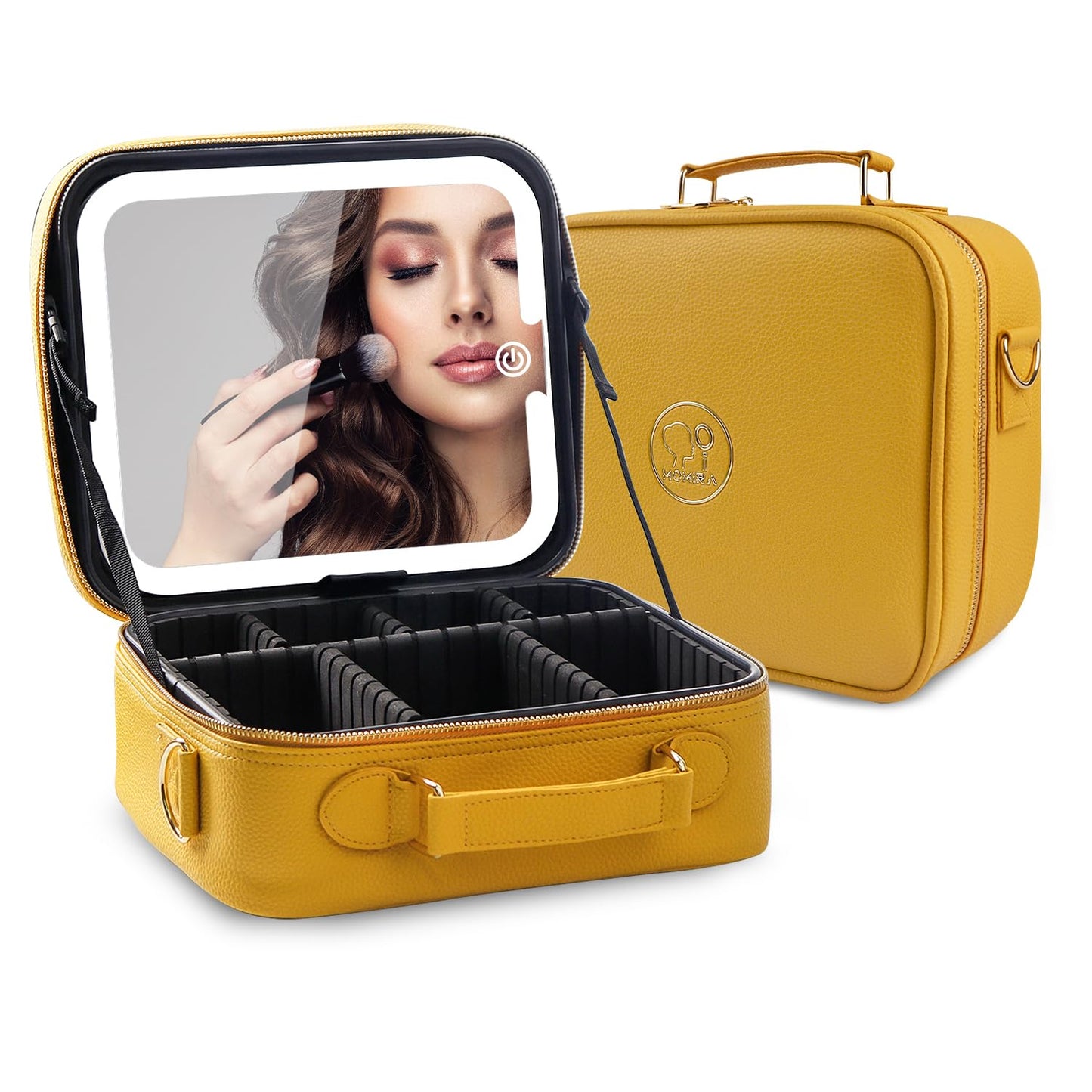 MOMIRA Travel Makeup Bag Cosmetic Bag with Lighted Mirror, Adjustable Brightness in 3 Color Scenarios/Detachable makeup mirror, All-round Upgrade, Waterproof, Gift for Women -Yellow