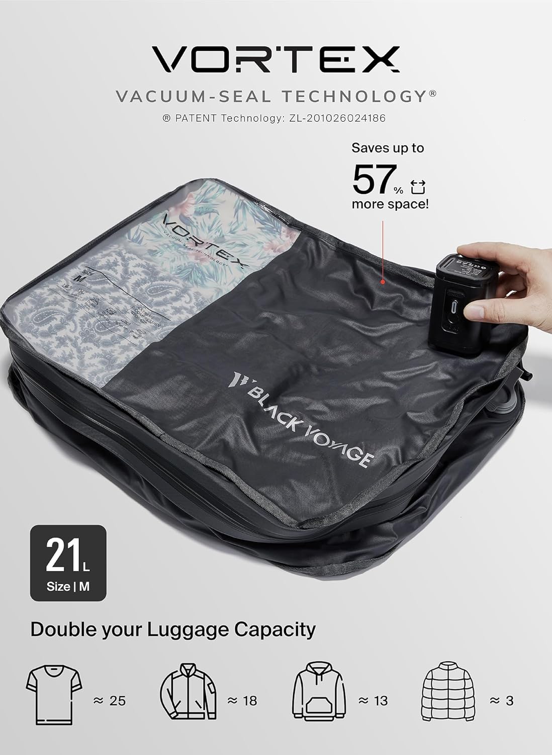 Black Voyage Reusable Vacuum Compression Travel Bag for Carry-On Suitcase and Backpack, Recycled IP67 Waterproof Space Saver Airback (2-Pack, 21L - No Pump)