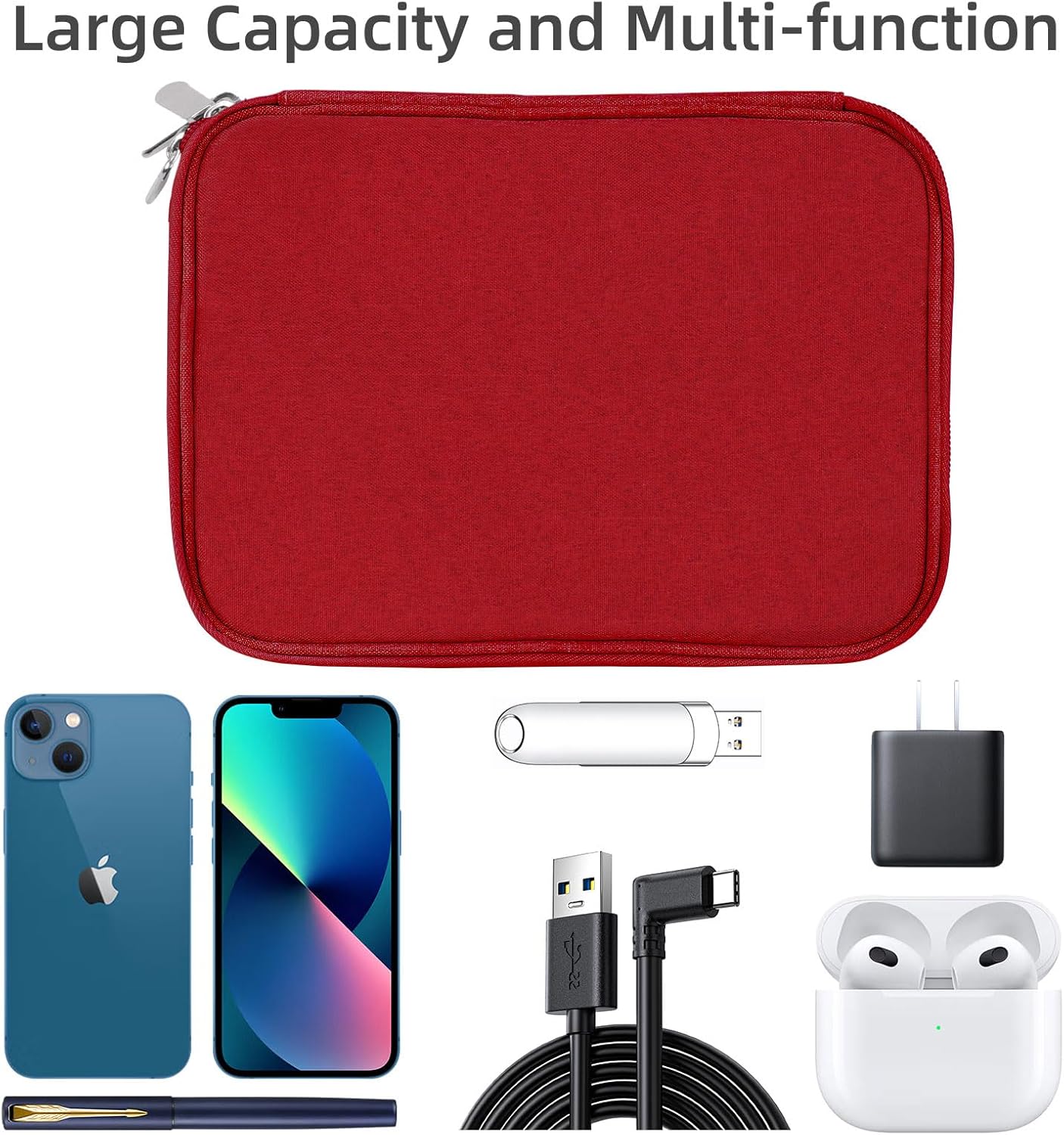 Electronics Organizer - Travel Cable Organizer Bag, Water Resistant Double Layers Pouch for Cord, iPhone, iPad Mini - Gift for Men Electronic Accessories Storage Case with 5 Cable Ties, Red