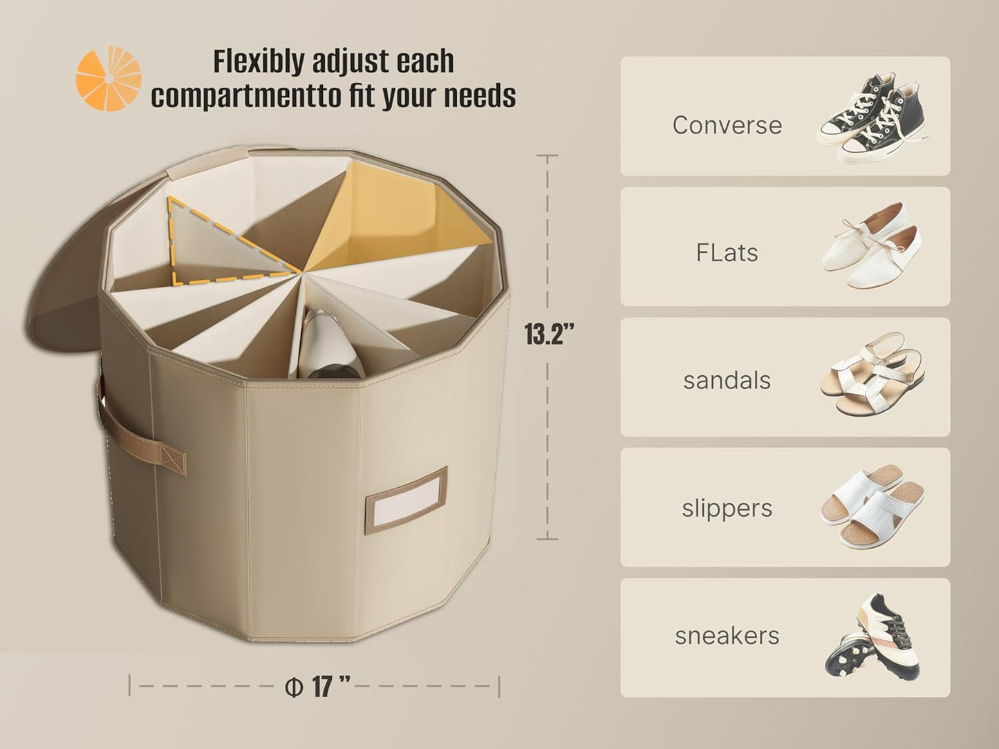 Vailando Shoe Organizer for Closet - Cylindrical Shoe Storage Organizer with Adjustable Dividers for Closet, Foldable Shoe Storage Box, Beige, 2-Pack, Large