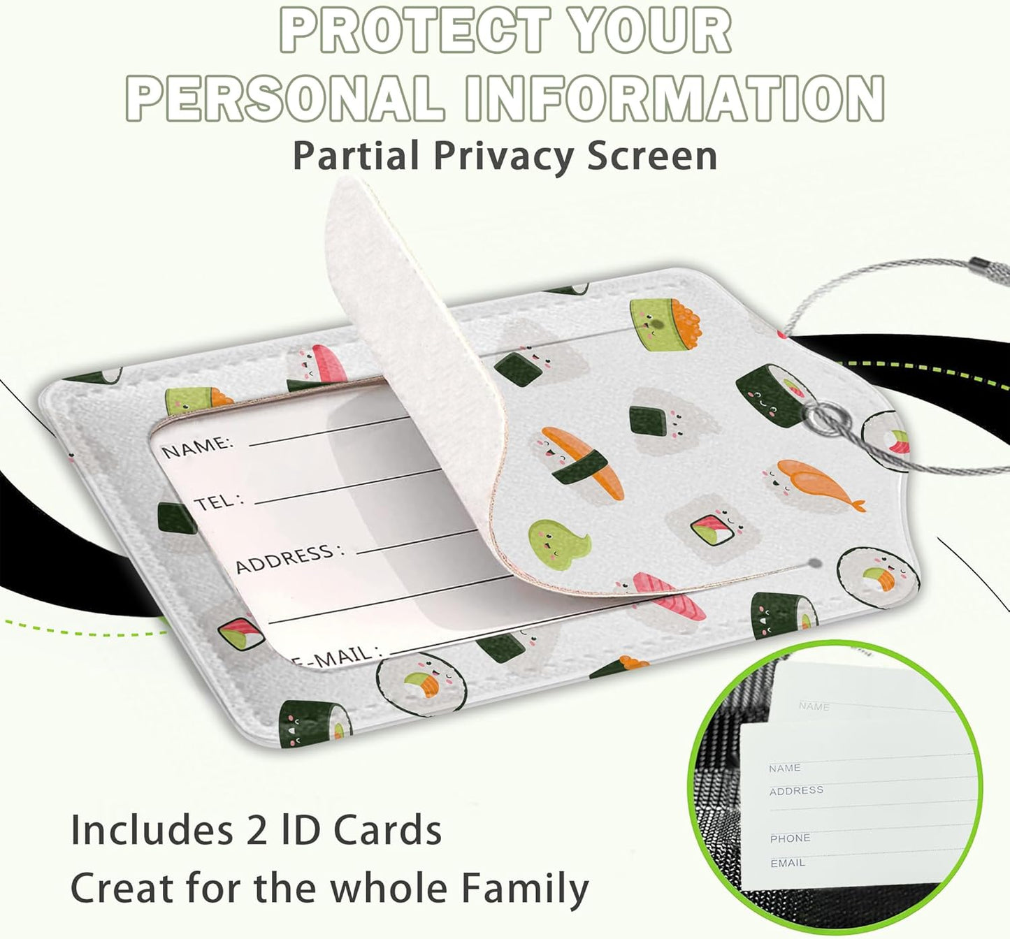 2 Pack Luggage Tags for Suitcase,Cute Funny Japanese Sushi Leather Luggage Tag Bag Tags Identifiers Privacy Cover Id Label with Steel Loop for Women Men Girls Boys Travel