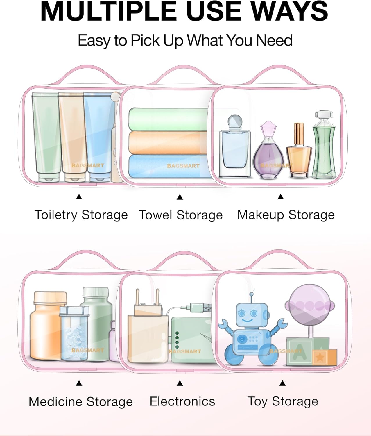 BAGSMART Clear Toiletry Bag, TSA Approved Travel Toiletry Bag Carry On Travel Accessories Bag Airport Airline Quart Size Bags water-resistant Makeup Bag for Women