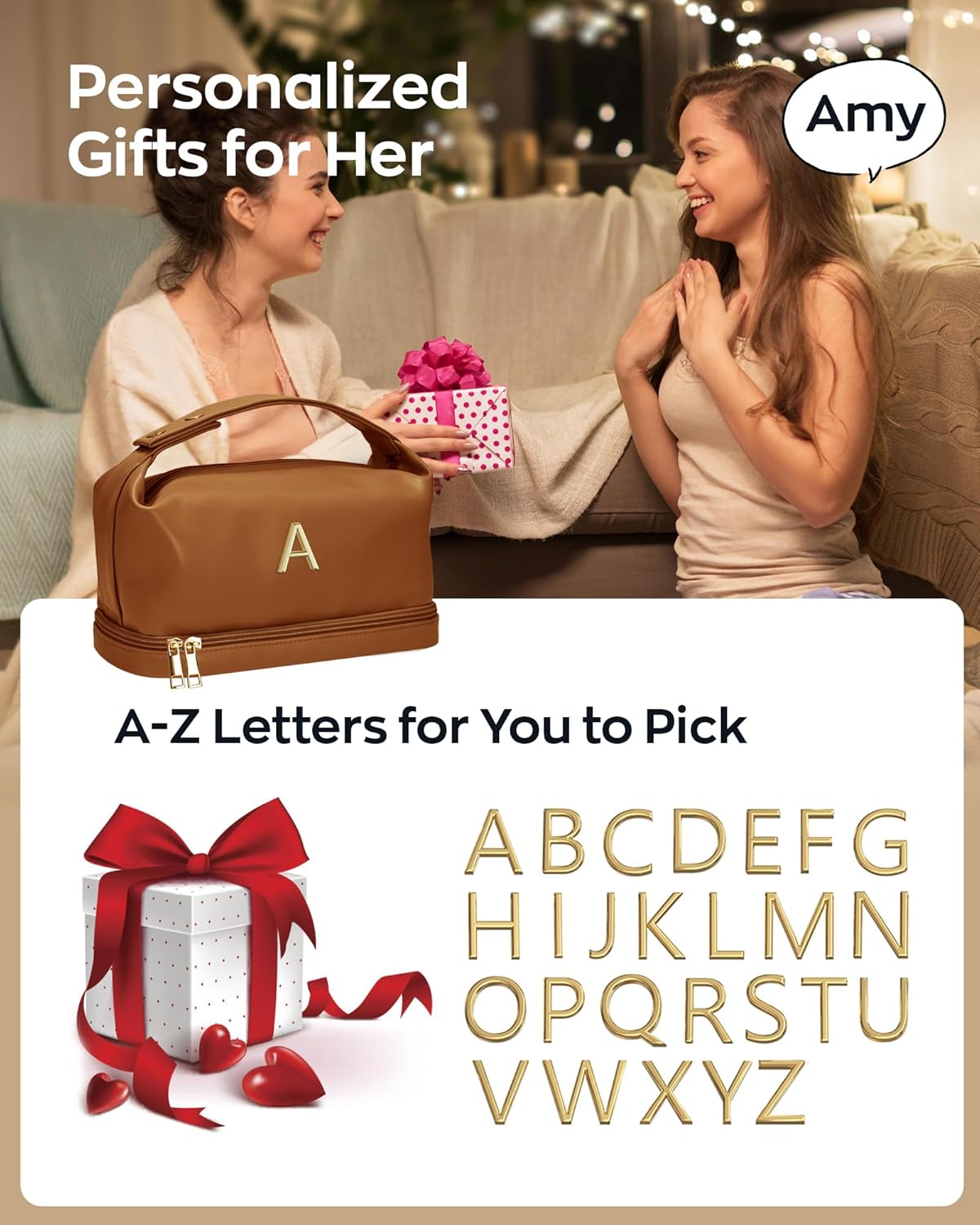 Monogram Gifts for Women, Personalized Makeup Bag with Handle, Initial Double Layer Cosmetic Bag with Makeup Brush Organizer, Cute Cosmetic Pouch for Women, Gifts for Friends Female Mom