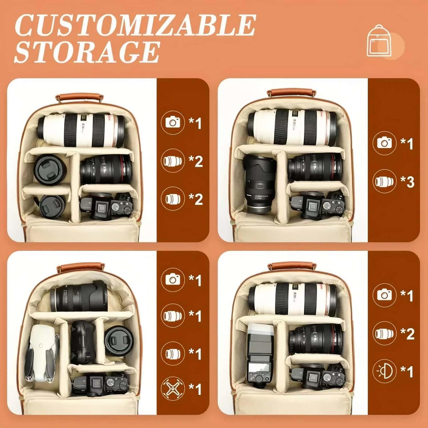 Small Camera Backpack, Classic PU Leather with 11 Inch Pad/Tablet Compartment, Professional Camera Bag for Photographers for DSLR, 10L Brown