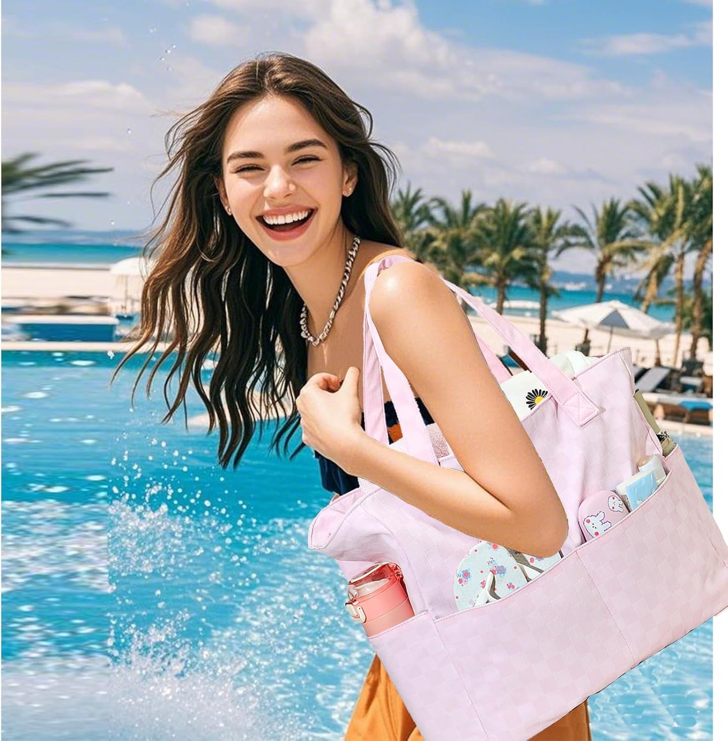 LEDAOU Beach Bag Waterproof Sandproof Women Tote Bag Pool Bag with Zipper for Gym Grocery Travel with Wet Pocket