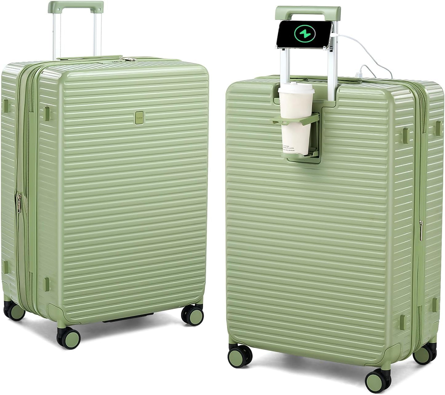28 Inch Luggage Hard Shell Suitcases, Expandable Travel Checked Luggage 28 Inch, Large Check In Luggage with Spinner Wheels Cup Holder Charger Built in Lightweight Suitcase, Bamboo Green