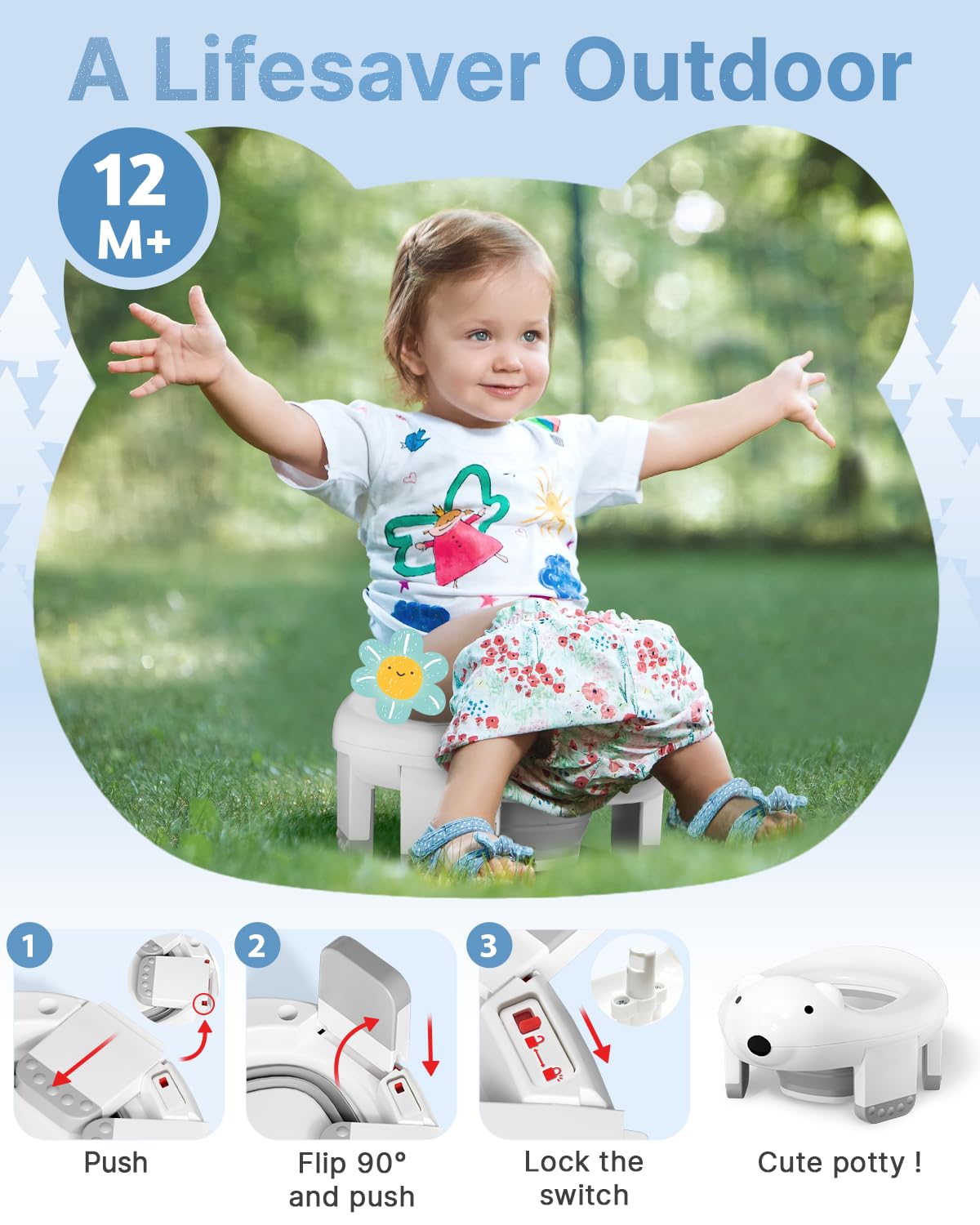 2 In 1 Portable Potty Seat, Travel Potty Seat for Toddlers with Safety Locks, Complete with Training Charts, Storage Bag and Liner Bags, 12 Months+(1 Pack)