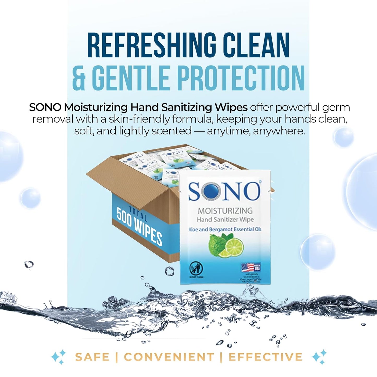 SONO Alcohol-Free Sanitizing Hand Wipes with Bergamot & Aloe Essential Oil - Hospital-Grade Disinfectant - Individually Wrapped Travel Size - 500 Pack - Gentle Cleaning & Germ Protection Anywhere