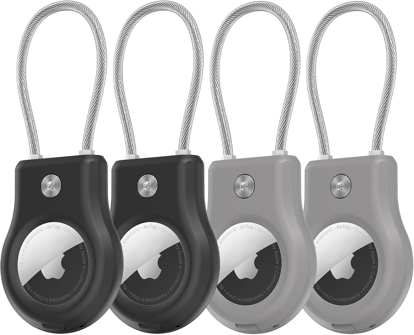 Air tag Holder,(4 Pack) Air tag Keychain with Secure Lock,Air Tags Case with Wire Cable for Apple Airtag,Anti-Lost Protective Case with Keyring for Luggage, Key, Pet, Bag, Black/Grey