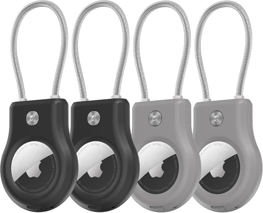 Air tag Holder,(4 Pack) Air tag Keychain with Secure Lock,Air Tags Case with Wire Cable for Apple Airtag,Anti-Lost Protective Case with Keyring for Luggage, Key, Pet, Bag, Black/Grey