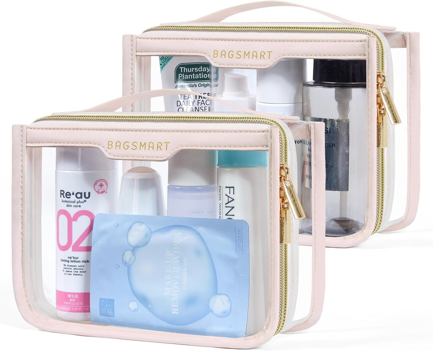BAGSMART TSA Approved Toiletry Bag, Clear Travel Toiletry Bag, Makeup Cosmetic Pouch Bag for Women Quart Size Compliant Bag Organizer for Travel Essentials (Pink Pack of 2)