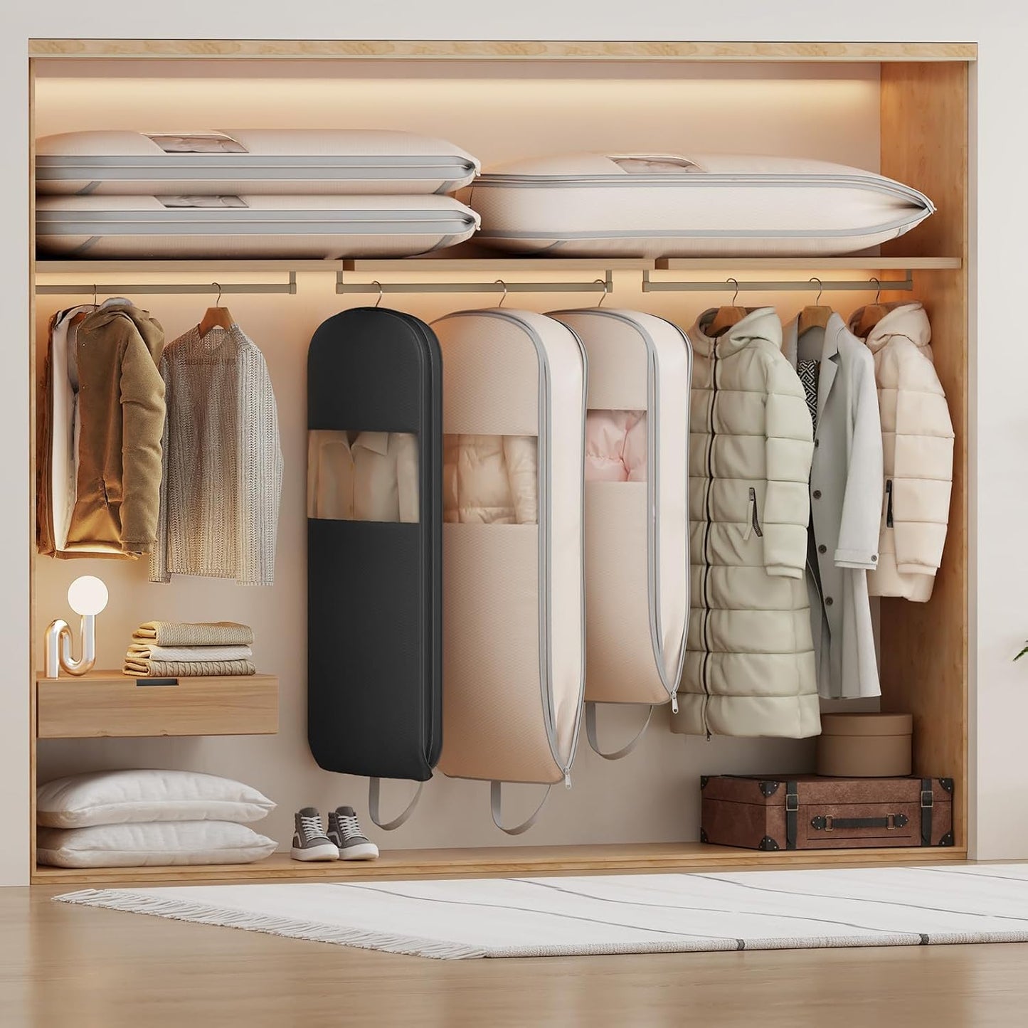 DIMJ 4 Pack 43" Compression Garment Bags for Hanging Clothes With Carry Handles and Window, Space Saving Washable Suit Bag for Dress, Clothes, Coats, Down Jacket, Closet Storage, Moving, Travel