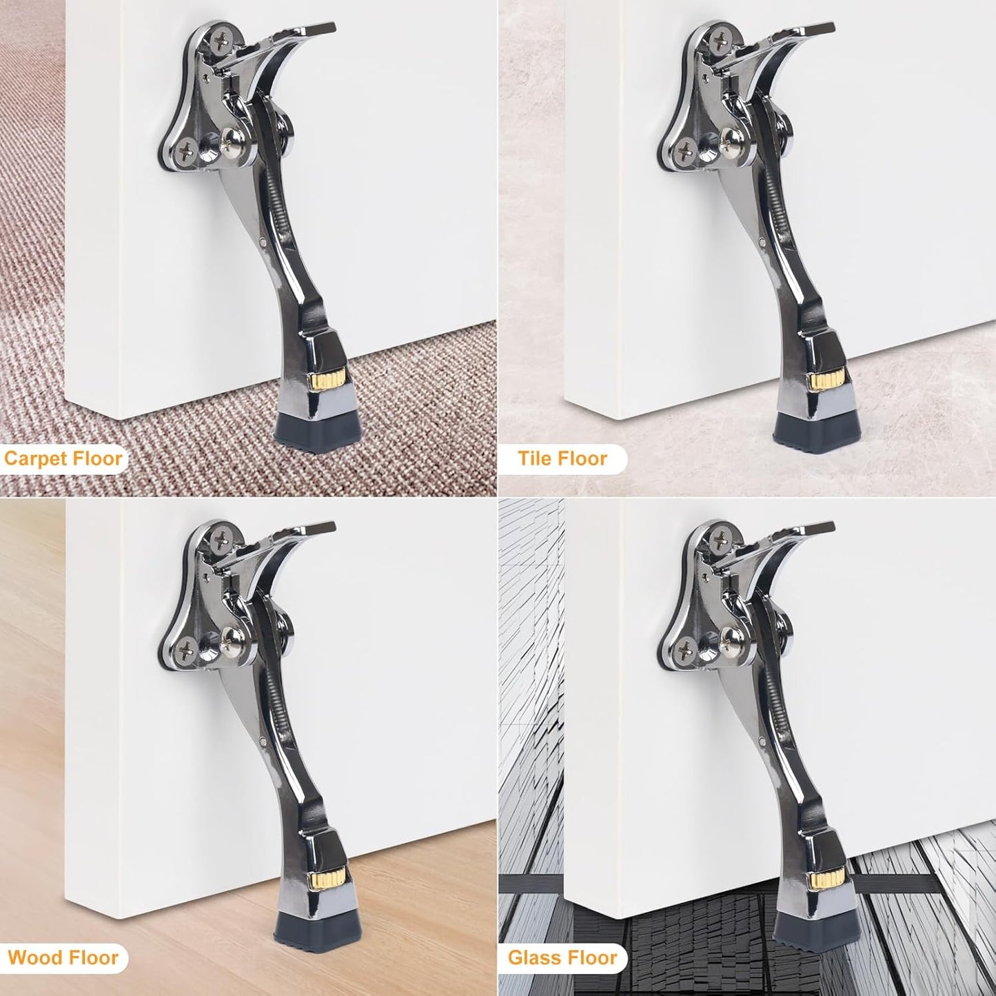 4 Packs Heavy Duty Kickdown Door Stopper, One Touch Adjustable Kickdown Door Stop for Heavy Doors, 4 inch Metal Door Kickstand with Rubber Tip & Wall Protectors for Wide Doors- Sliver