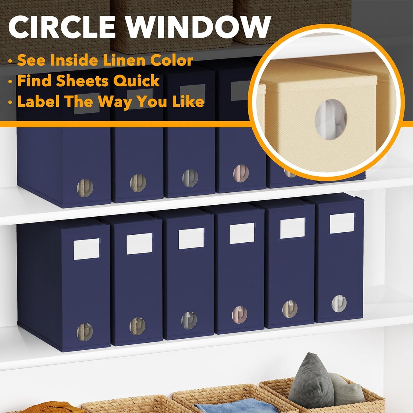 SpaceAid 12 Pack Bed Sheet Organizers and Storage, Foldable Linen Closet Organizer, Set Folder Keeper With Window XL (Queen & King Size) Bedding Container (Navy Blue)