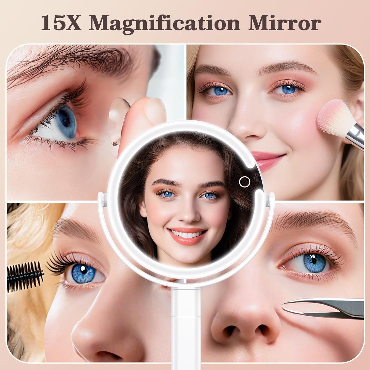 15X/1X Lighted Magnifying Mirror, 4000mAh Rechargeable Makeup Mirror with 3 Level LED Light, 360° Rotation 2 Sided Vanity Desk Mirror, Dimmable Adjustable Height Table Makeup Mirror Phone Stand