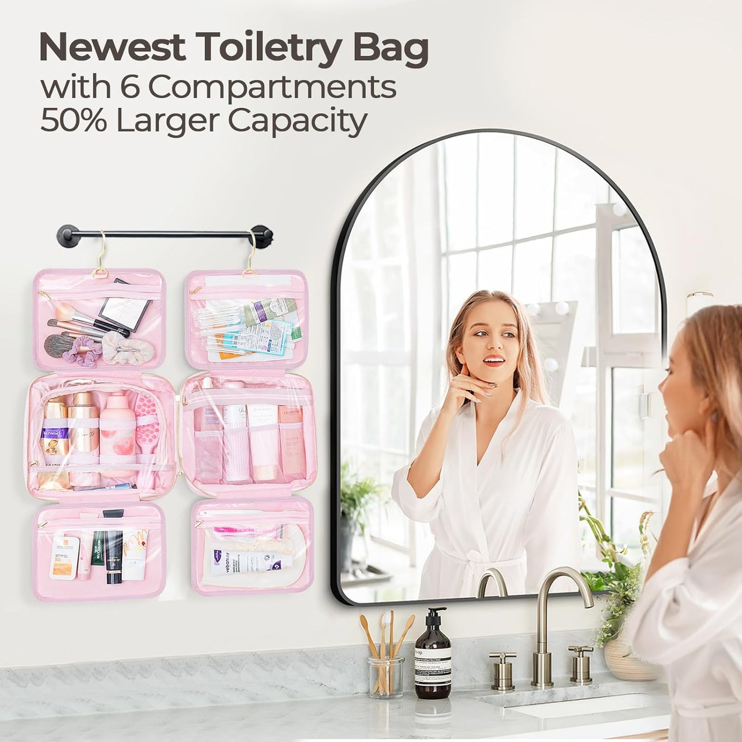 Hanging Travel Toiletry Bag for Women Detachable Toiletry Bag with 6 Compartments Large Makeup Bag Cosmetic Organizer for Bathroom Shower Business Trips Camping, Pink