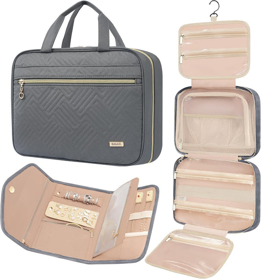 BAGAIL Hanging Toiletry Bag for Women Water-resistant Cosmetic Bag Large Capacity Travel Makeup Organizer for Full-Sized Travel Essentials(Classic+Jewelry Bag, Grey)