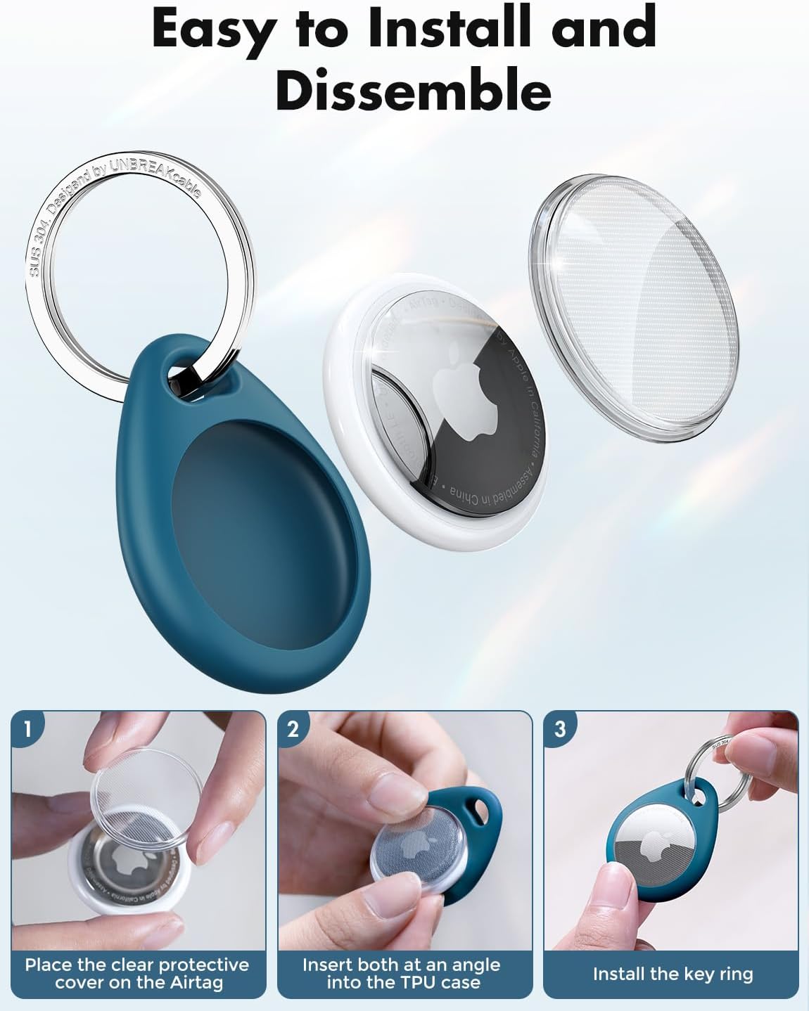 UNBREAKcable Holder for Apple AirTag - 4 Pack [Fit Tightly Design] [Easy to Install] [Hold Air Tag Securely] Waterproof TPU Protective Case with 304 Stainless Steel Keychain Key Ring, Black+Blue