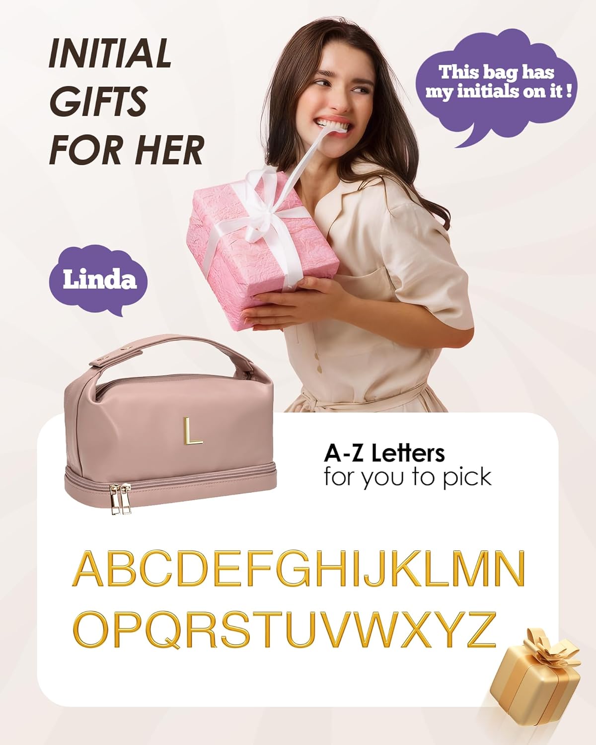 Personalized Gifts for Women, Personalized Makeup Bag with Handle, Initial Double Layer Cosmetic Bag with Makeup Brush Organizer, Travel Toiletry Bag, Birthday Gift for Friends Female Mom