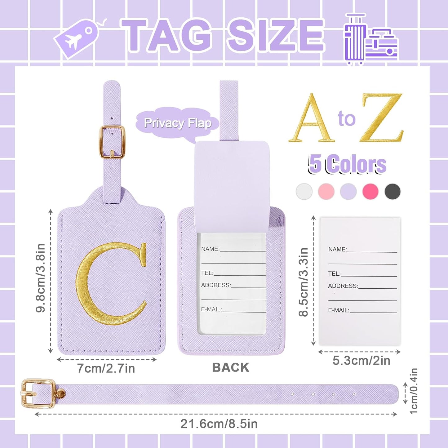 Personalized Initial Luggage Tags for Suitcase, Purple Leather Cute Luggage Tags with Privacy Cover Name Card, Embroidered Custom Monogrammed Luggage Tag Travel Backpack Tags Gifts for Women Kids(C)