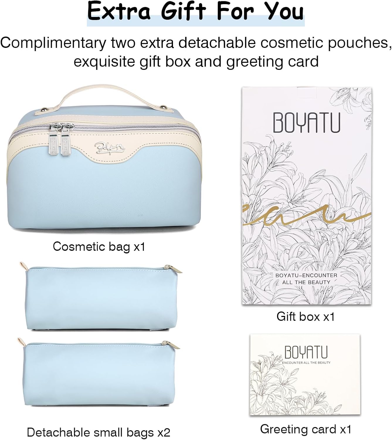 BOYATU Travel Makeup Bag Organizer Cosmetic Bag: 3 Pcs Set Make up Bags for Women with Handle - Waterproof Vegan Leather Toiletry Bags with Comparments (D-05-Blue)