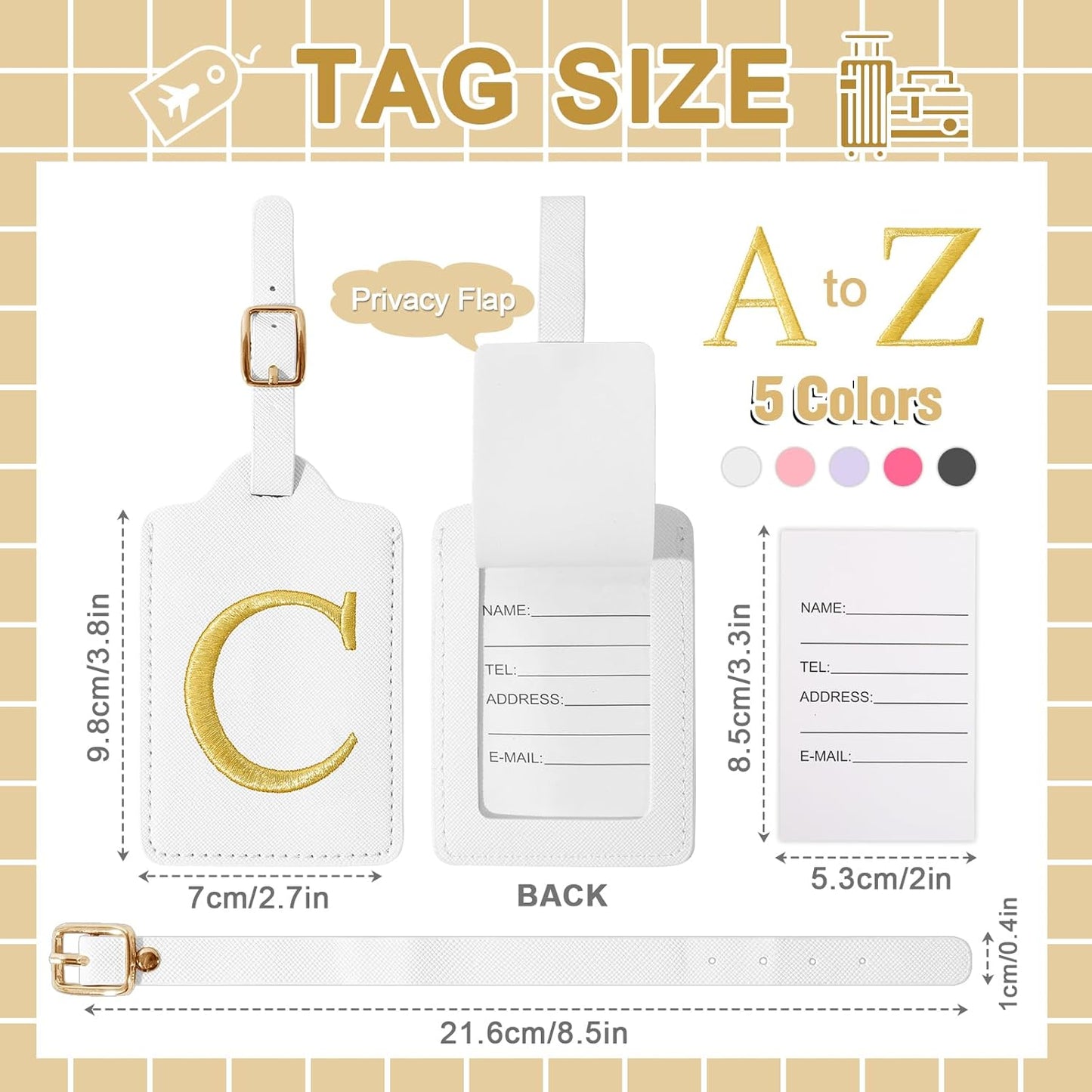 Personalized Initial Luggage Tags for Suitcase TSA Approved, White Leather Cute Luggage Tag with Privacy Cover Name Card, Embroidered Custom Luggage Tags Travel Baggage Tags Gifts for Women Kids(C)