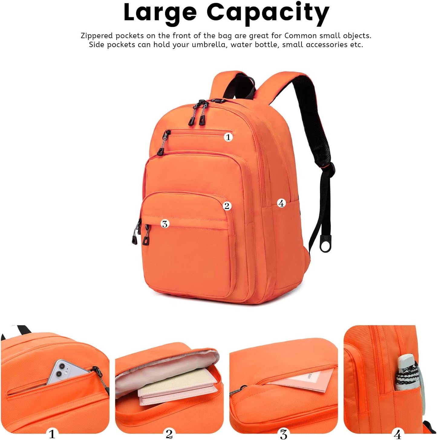 Lanola Basic Multi-Pocket Multipurpose Backpack Classical Water Resistant Student Bookbag For School Business Travel or Casual Daypack Backpacks For Men Or Women - Orange