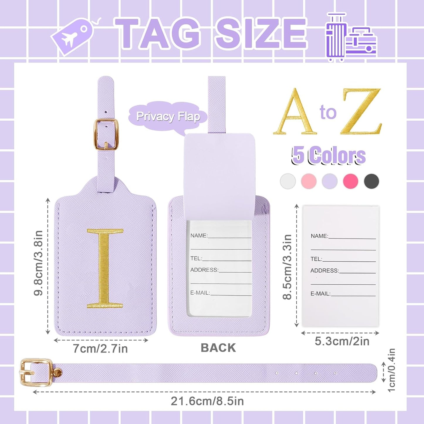 Personalized Initial Luggage Tags for Suitcase, Purple Leather Cute Luggage Tags with Privacy Cover Name Card, Embroidered Custom Monogrammed Luggage Tag Travel Backpack Tags Gifts for Women Kids(I)