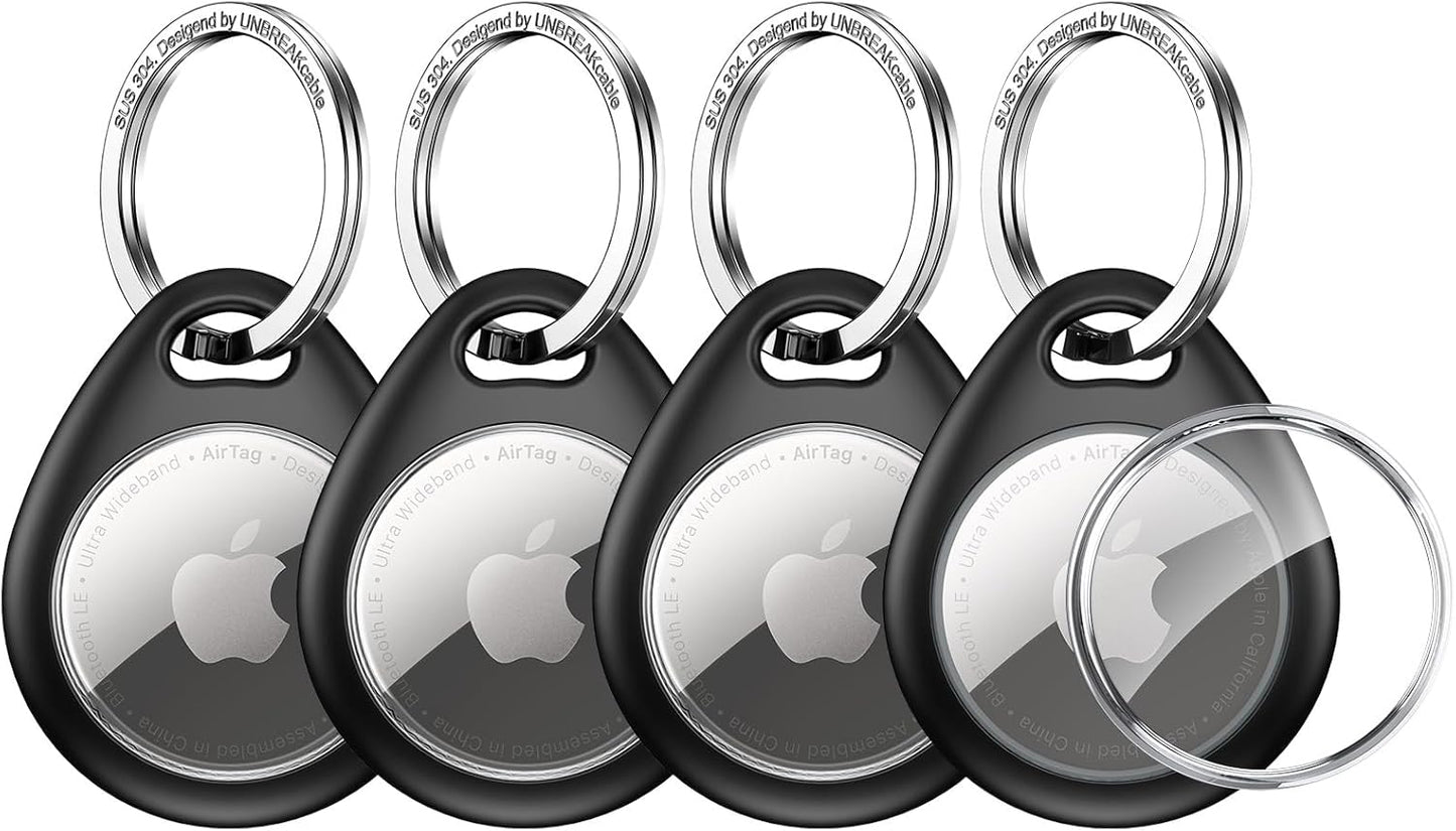 UNBREAKcable Holder for Apple AirTag 4 Pack [Hold Air Tag Securely] [Easy to Install] [Fit Tightly Design] Protective Case Waterproof TPU Shell with 304 Stainless Steel Key Ring Keychain, Black