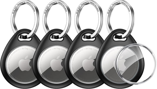 UNBREAKcable Holder for Apple AirTag 4 Pack [Hold Air Tag Securely] [Easy to Install] [Fit Tightly Design] Protective Case Waterproof TPU Shell with 304 Stainless Steel Key Ring Keychain, Black