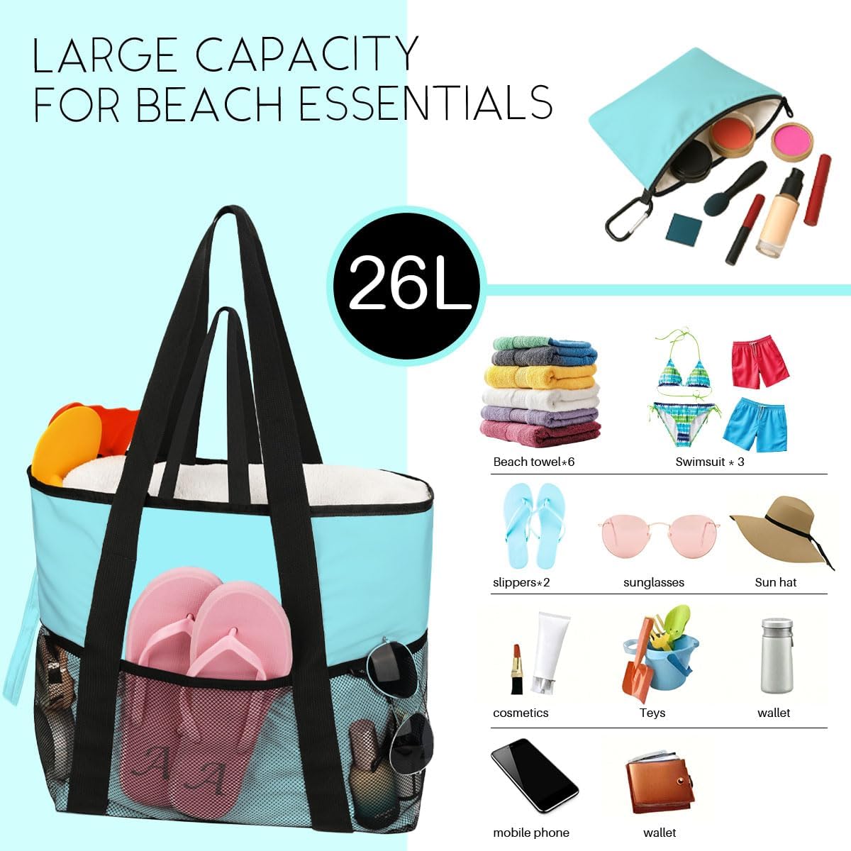 8-Pocket Waterproof Tote for Women -Sandproof Beach Bag with Zipper& Family | Foldable Travel Swim Bag (Gift-Ready)