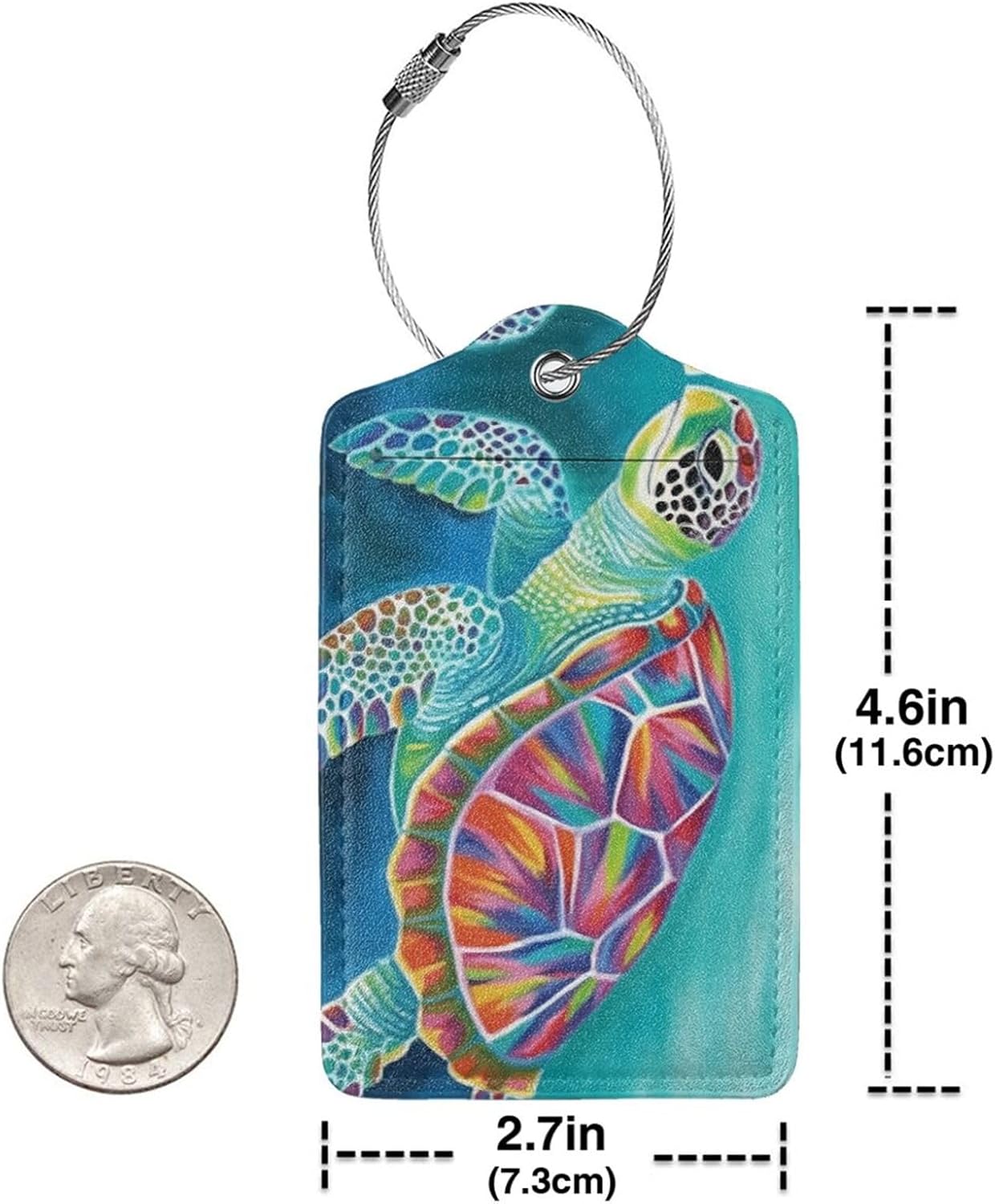 Sea Turtle Leather Luggage Tag with Stainless Steel Ring, Fun Name Id Card Cover Travel Bag Tag Set, Suitable for Travel Bag Luggage Women Men 1 PCS