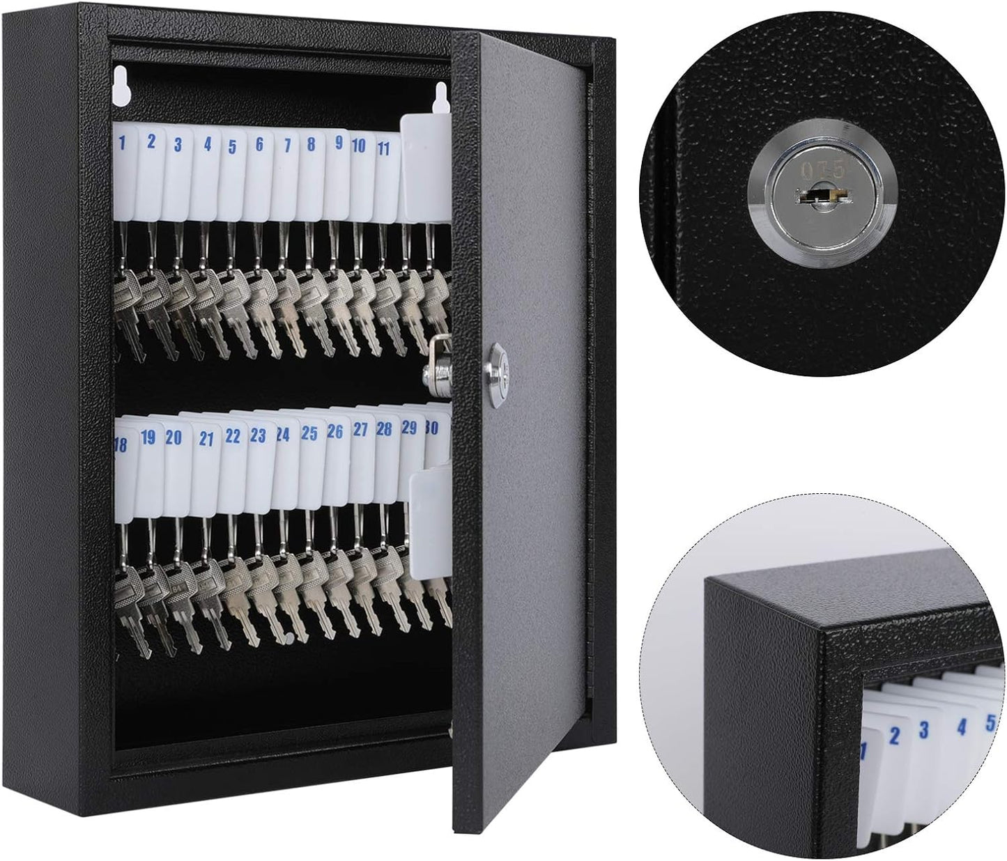 KYODOLED Key Storage Lock Box with Key, Locking Key Cabinet, 60 Key Management Wall Mount with Key Lock, Key Hooks & Tags Key Labels, 2.5" D x 10.2" W x 12.1" H (Black,60 Key)