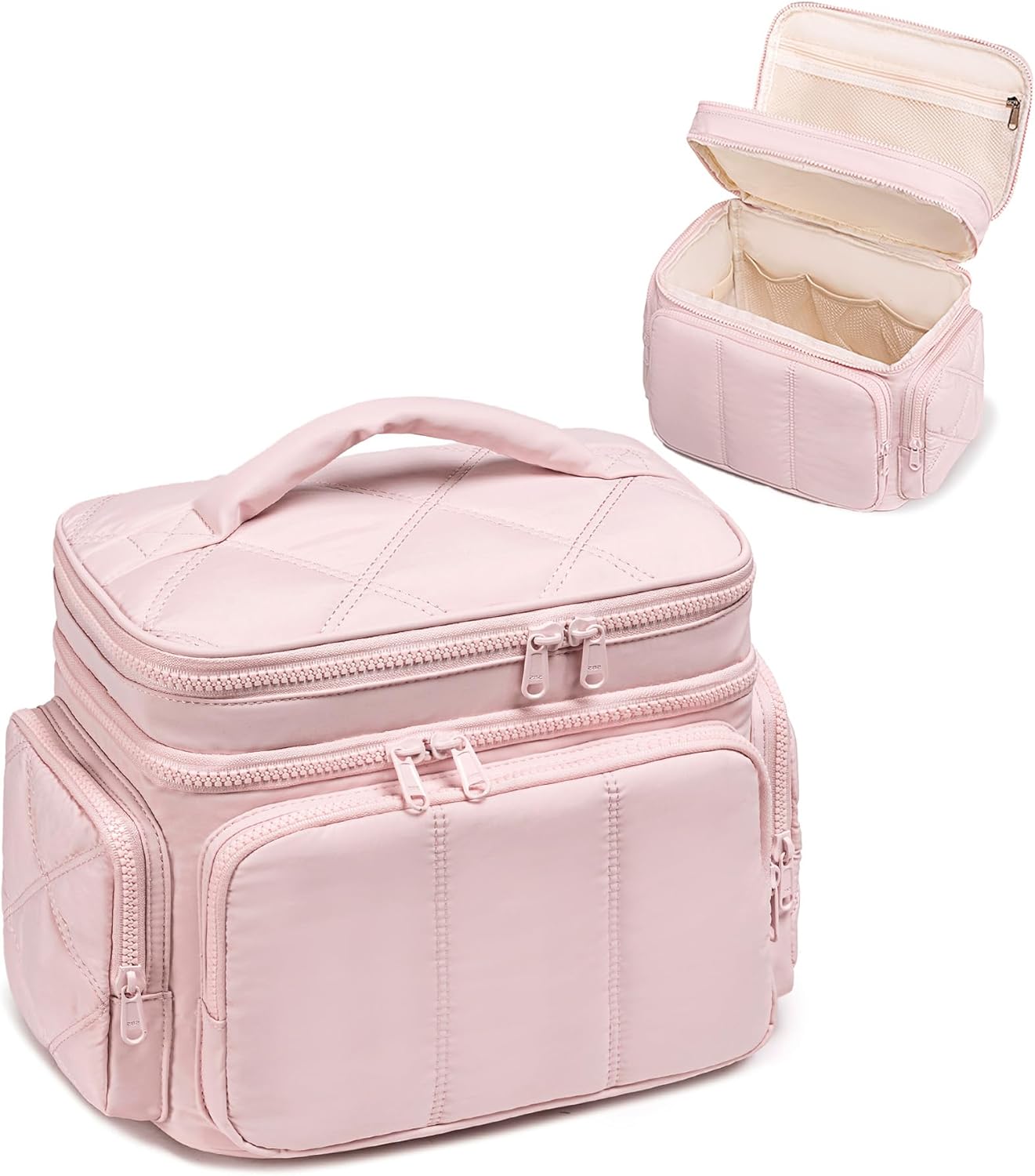 LEDAOU Toiletry Bag for Women,Quilted Travel Makeup Bag Organizer with Double Deck, Large Wide-open Cosmetic Make up Bag for Travel Essentials (Pink Puffy)