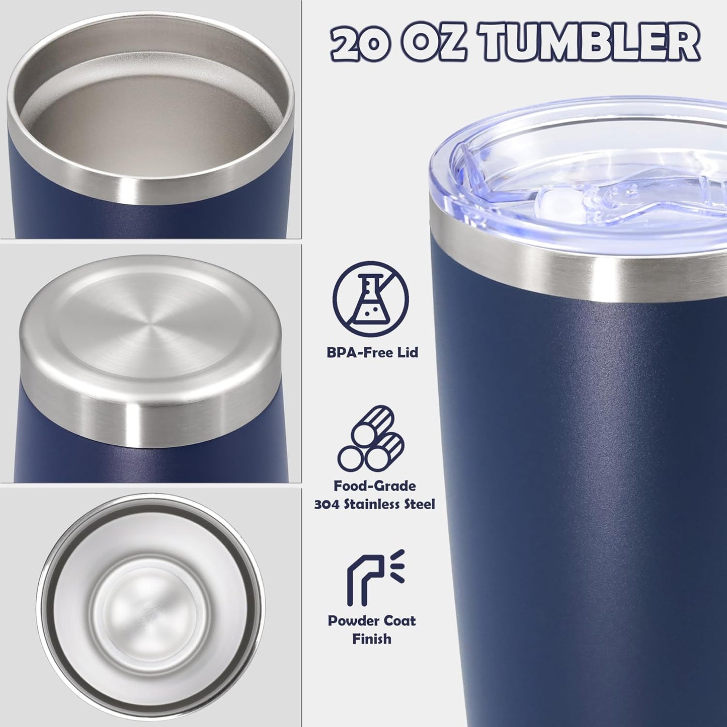 20oz Tumbler Stainless Steel Tumbler Cup with Lid Vacuum Insulated Double Wall Travel Mug, Durable Powder Coated Travel Coffee Tumbler Mug for Hot & Cold Drinks, Navy,1 Pack
