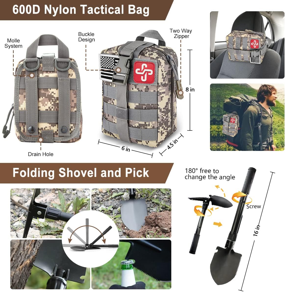 238Pcs Emergency Survival Kit and First Aid Kit, Professional Survival Gear Tool with Tactical Molle Pouch and Emergency Tent for Earthquake, Outdoor Adventure, Camping, Hiking, Hunting