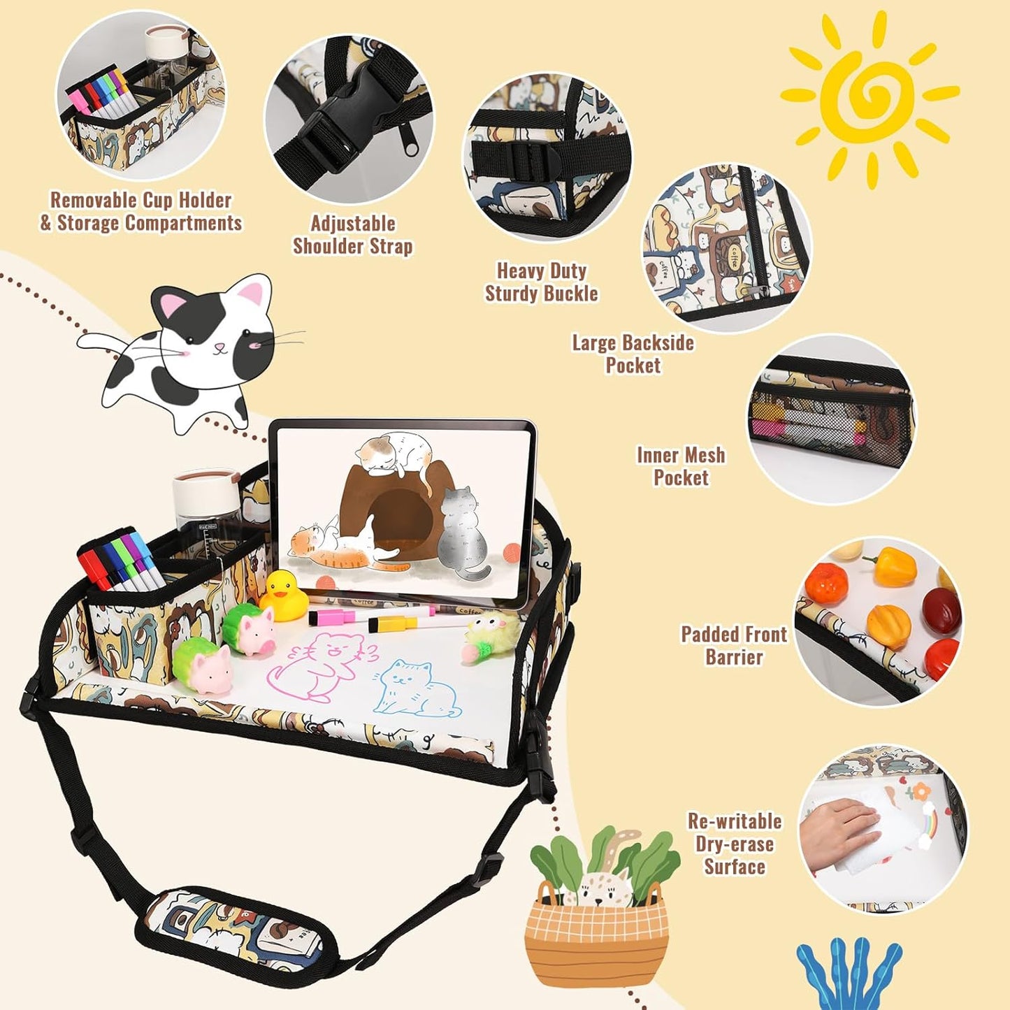 Kids Travel Tray for Airplane - Toddler Car Seat Table Tray, Road Trip Essentials for Boys & Girls, Carseat Lap Desk for Kids Road Trip Activities, Cute Kitten