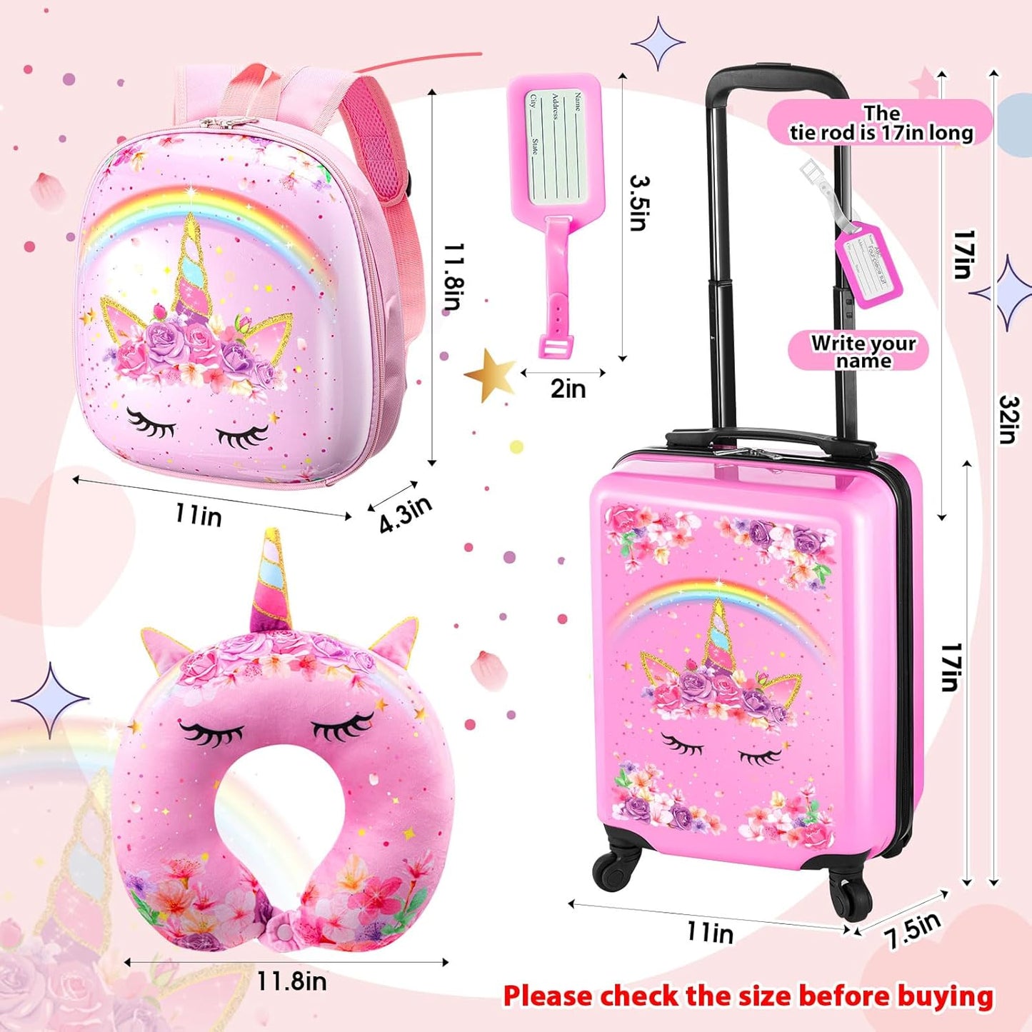 Sanwuta 4 Pcs Kids Luggage Set Kids Backpack Travel Rolling Suitcase with Wheels U-shape Pillow Childrens Gift for Girls Boys(17 Inch,Unicorn Rainbow Style,Pink)