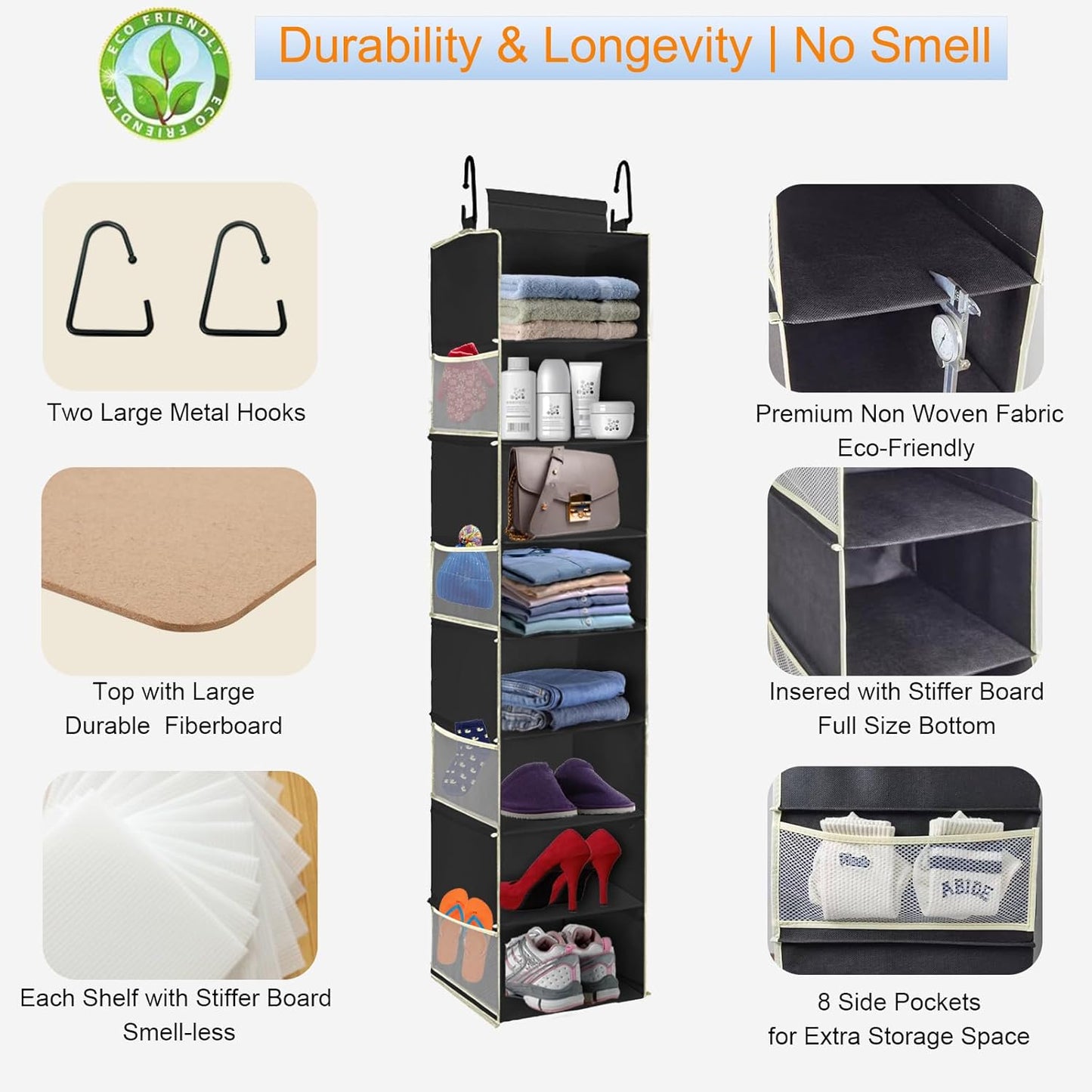 Large-Sized Hanging Shoe Organizer 8-Shelf, Hanging Closet Organizer with 8 Side Pockets, Wider Hanging Shelves for Storage Shoes Clothes 9" W × 11.8" D× 48" H, Black.