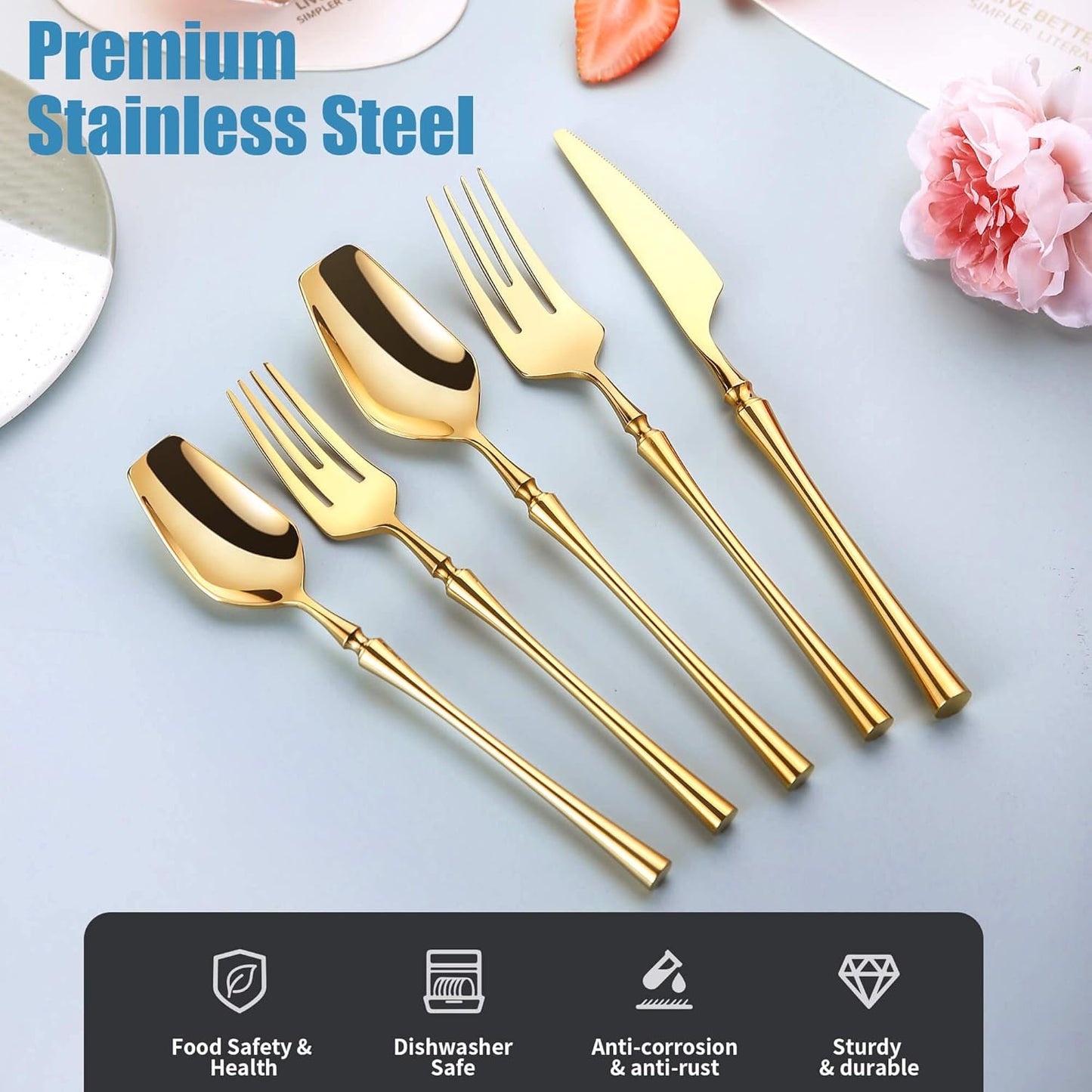 20-Piece Gold Silverware Set for 4,Modern 18/10 Stainless Steel Flatware Set,Unique Rustic Cutlery Utensils Set,Spoon and Fork Set for Home, Restaurant,Wedding,Mirror Polished,Dishwasher Safe