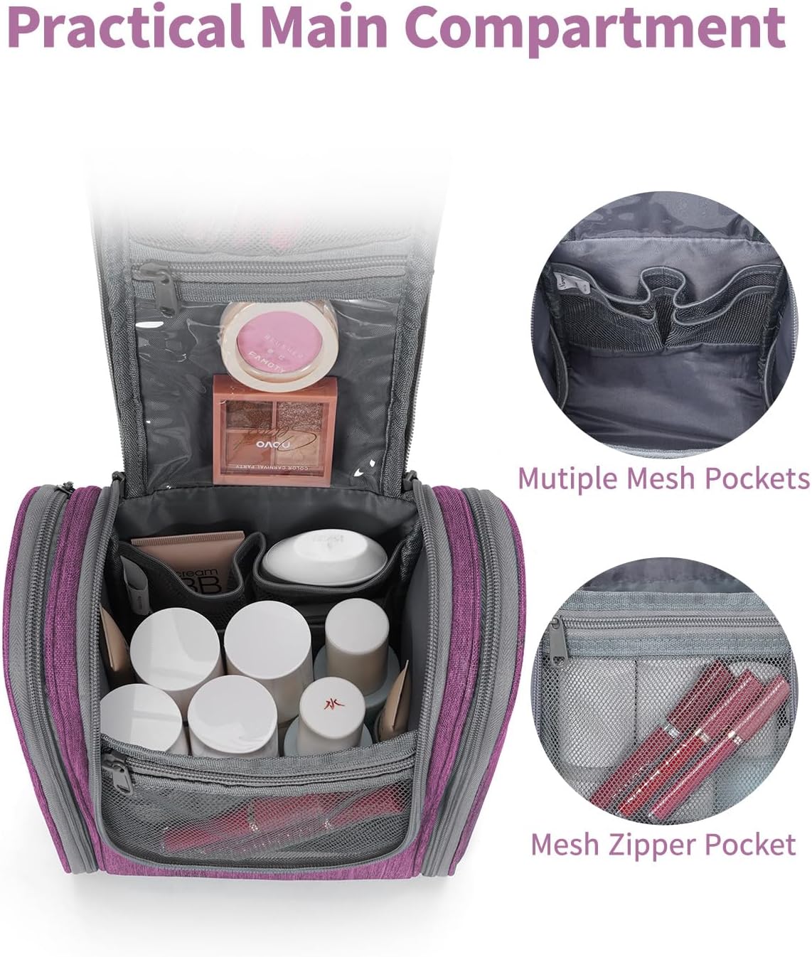 Narwey Small Hanging Toiletry Bag Women Travel Makeup Bag Organizer Toiletries Bag for Travel Size Essentials Accessories Cosmetics (Medium, Dark Purple)