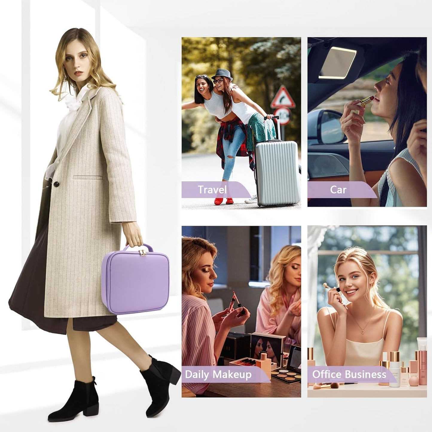 Travel Makeup Bag for Makeup Artists Large Makeup Case,with Mirror 3 Color Setting and Detachable 10x Magnifying Mirror Travel Makeup Bag,Portable Storage and Adjustable Dividers（Purple）