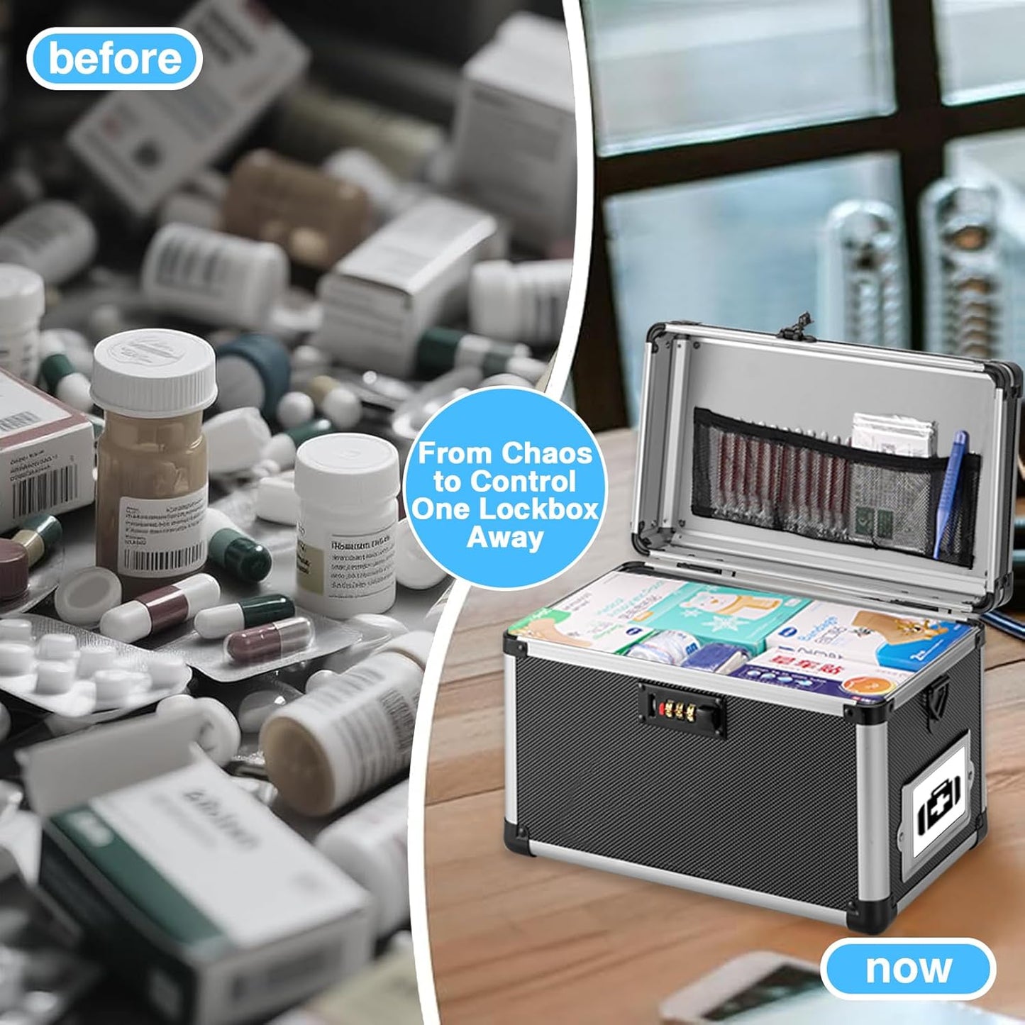 13.4 x 8 x 8.7 Inch Lockable Storage Box with Combination Lock, Portable Safe for Documents, Medicine, Cash & Valuables, Medicine Lock Box with Label Slot for Home, Office & Travel - Black