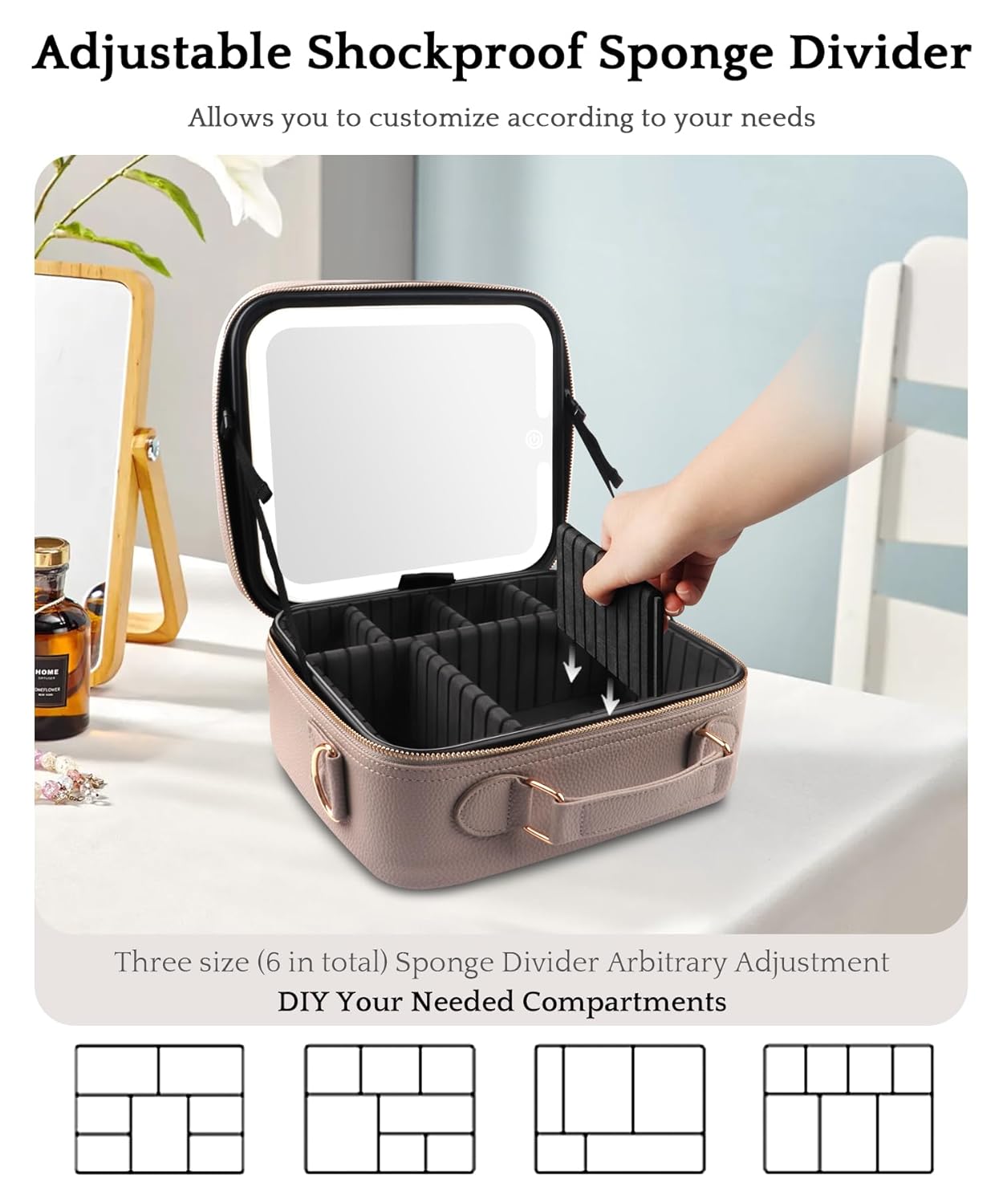 MOMIRA Travel Makeup Bag Cosmetic Bag with Lighted Mirror, Adjustable Brightness in 3 Color Scenarios/Detachable makeup mirror, All-round Upgrade, Waterproof, Gift for Women -Beige Grey