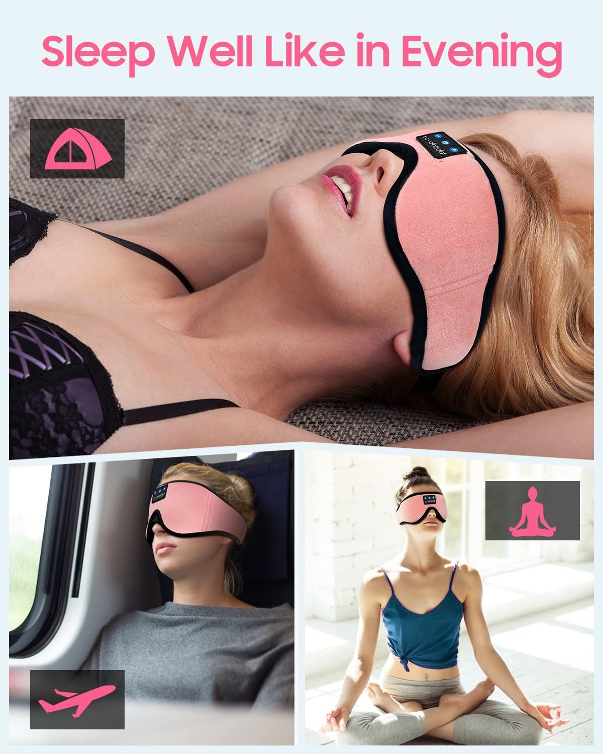 LC-dolida Sleep Headphones, Sleep Mask Bluetooth Wireless Music Eye Mask, Sleeping Headphones for Side Sleepers Sleep Mask with Bluetooth Headphones Ultra-Thin Stereo Speakers Perfect for Sleeping
