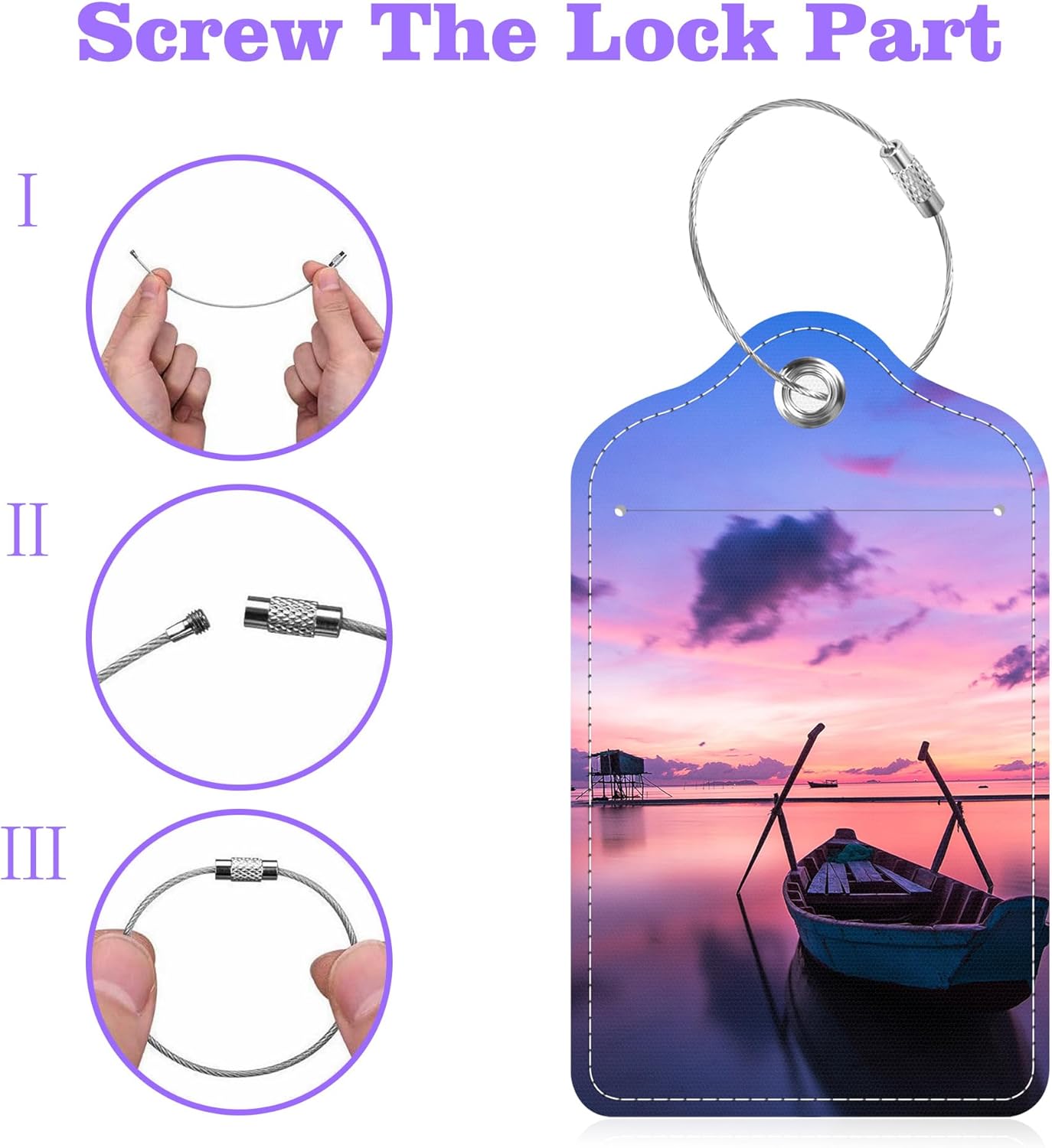 Set of 2 Luggage Tags Sea and Boat at Sunset Leather Suitcases Tag with Privacy Cover Stainless Steel Loop and Address Card for Women Men Travel