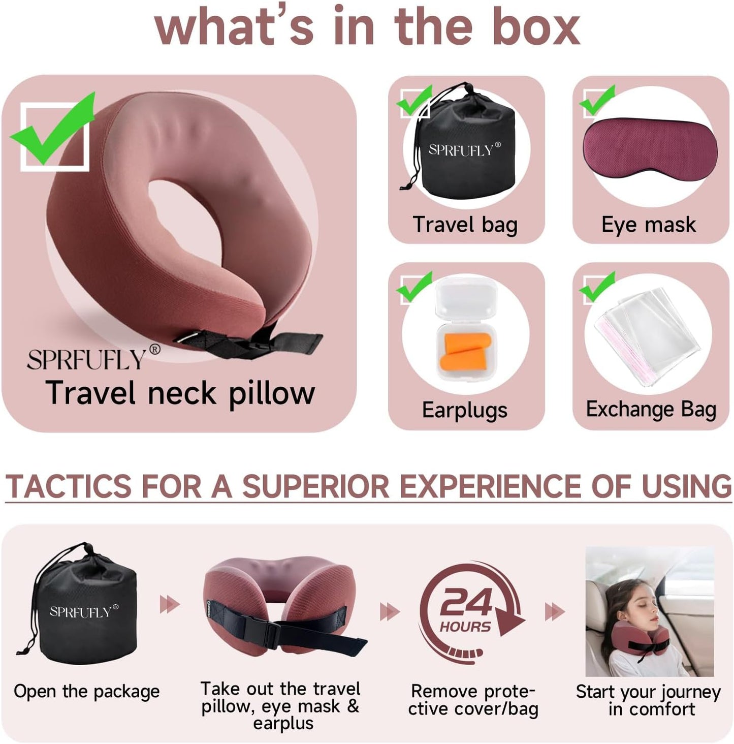 SPRFUFLY Travel Pillow/Neck Brace - 100% Memory Foam Neck Pillow for Sleeping, Airplane Pillow with Sleep Mask & Earplugs, Travel Essentials Neck Brace Pillow for Airplane, Car, Office & Home(Pink)