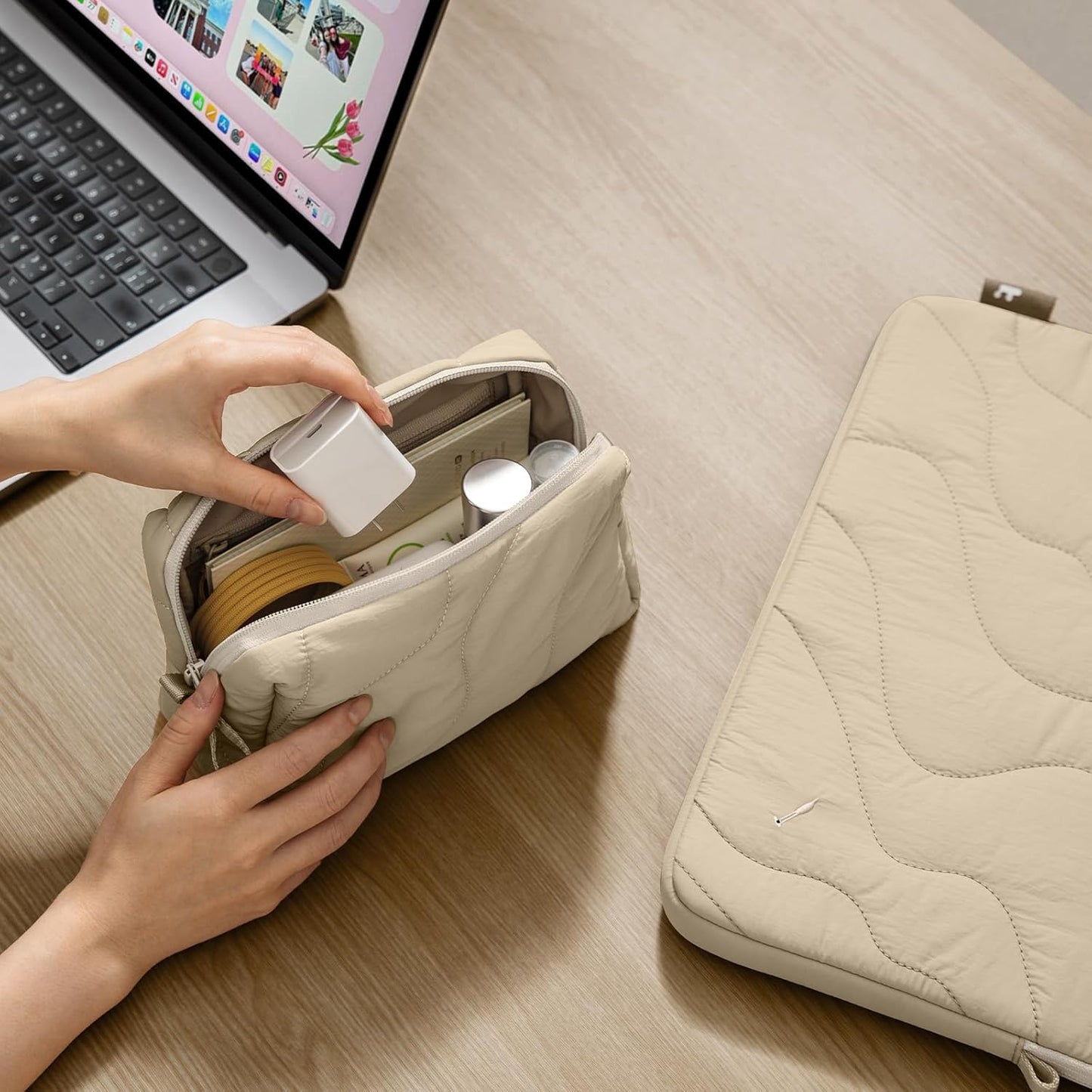 tomtoc Electronics Organizer Travel Case, Soft Puffy Organizer Bag Birthday Christmas Gifts Travel Essentials for Women Girls, Portable Accessory Tech Pouch Storage for Charger, Cord, Cable, Phone