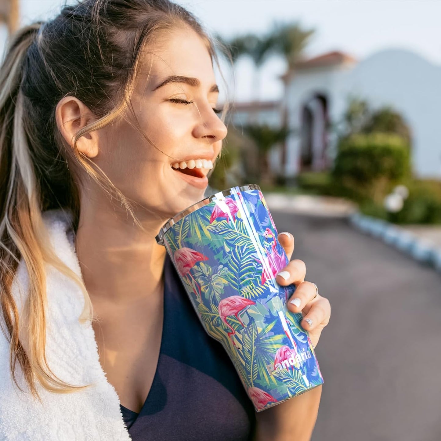 30 oz Spill Proof Tumbler with Handle, 100% Leak-Proof, Cupholder Friendly Insulated Cup with Straw, Double Wall Powder Coated Stainless Steel Tumbler, Ideal Gift for All Occasions (Flamingo)